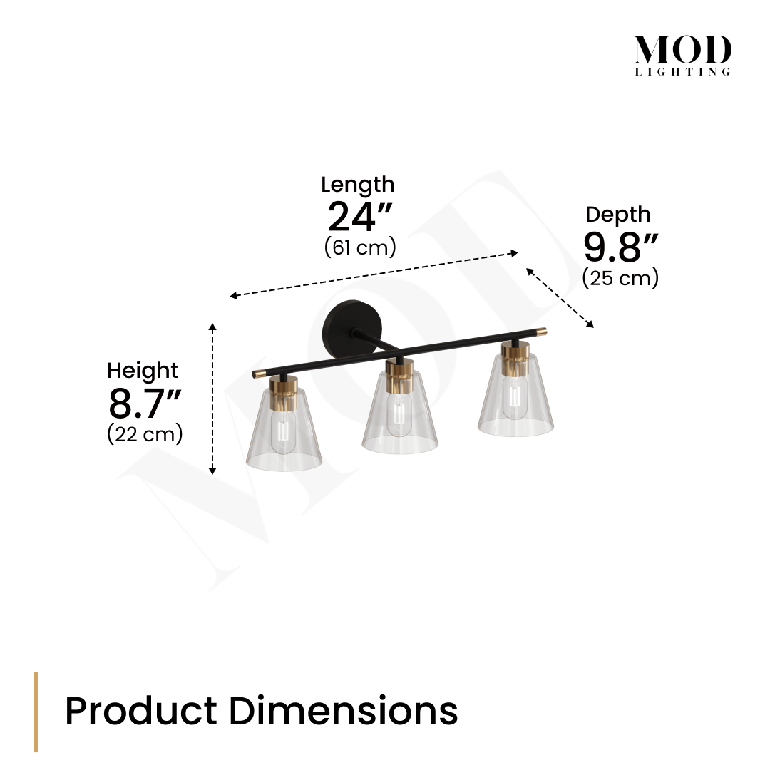 Sienna vanity light dimension diagram: 24 in length, 8.7 in height, 9.8 in depth, three flared glass shades