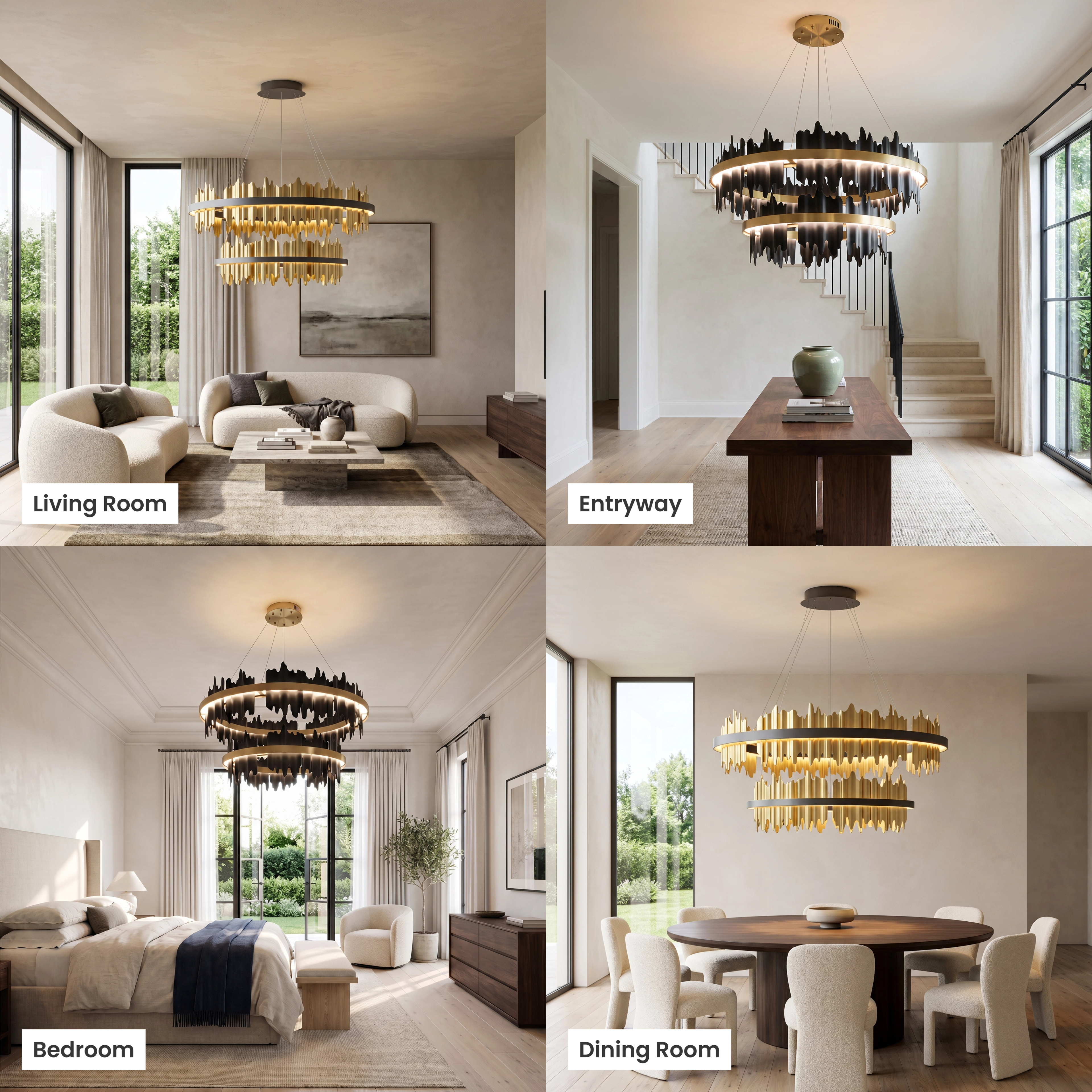 Aurelius Smart chandelier shown in living room, entryway, bedroom and dining room settings