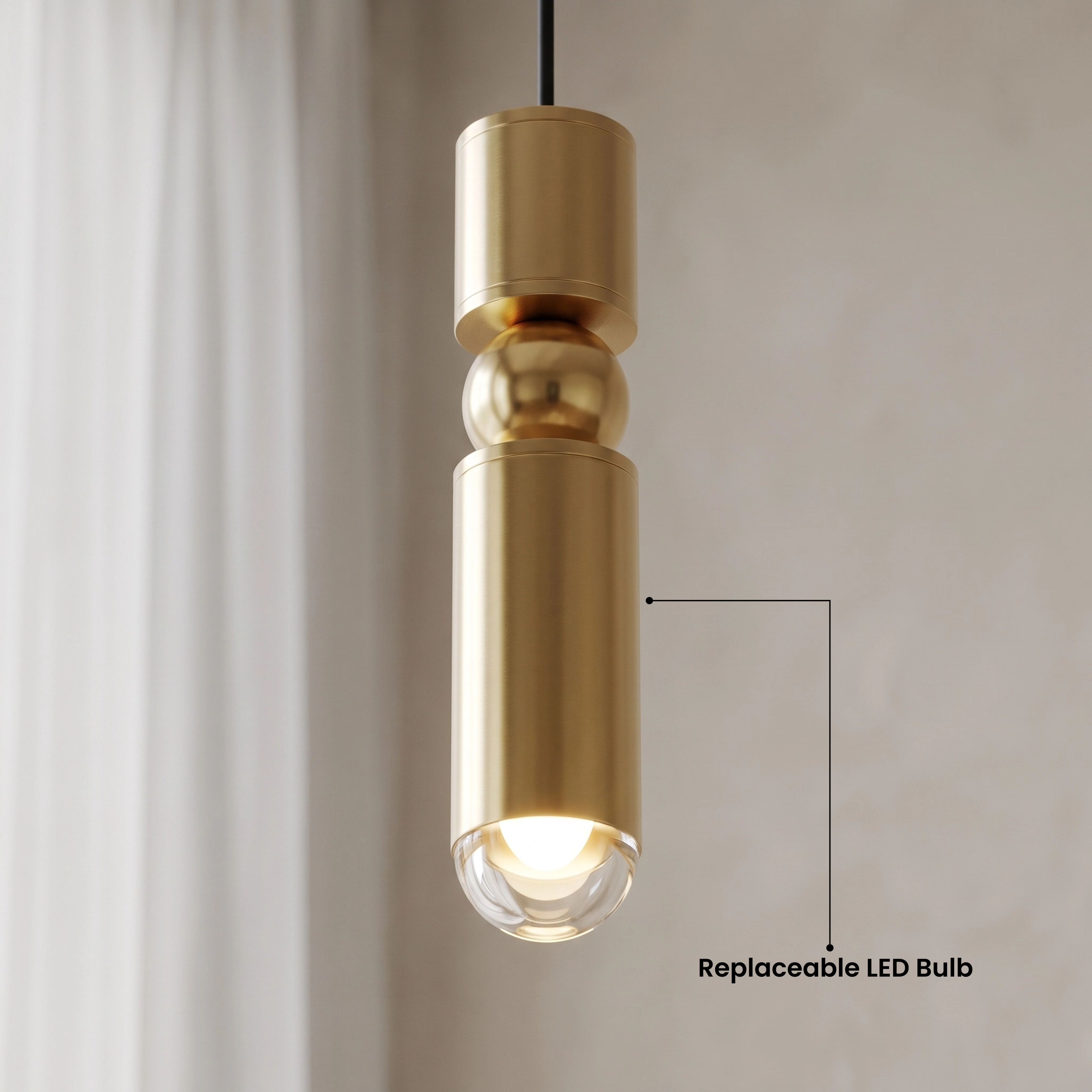 Jetta gold cylindrical pendants in warm white over grey cabinetry, Warm White 3000K and adjustable-length callout