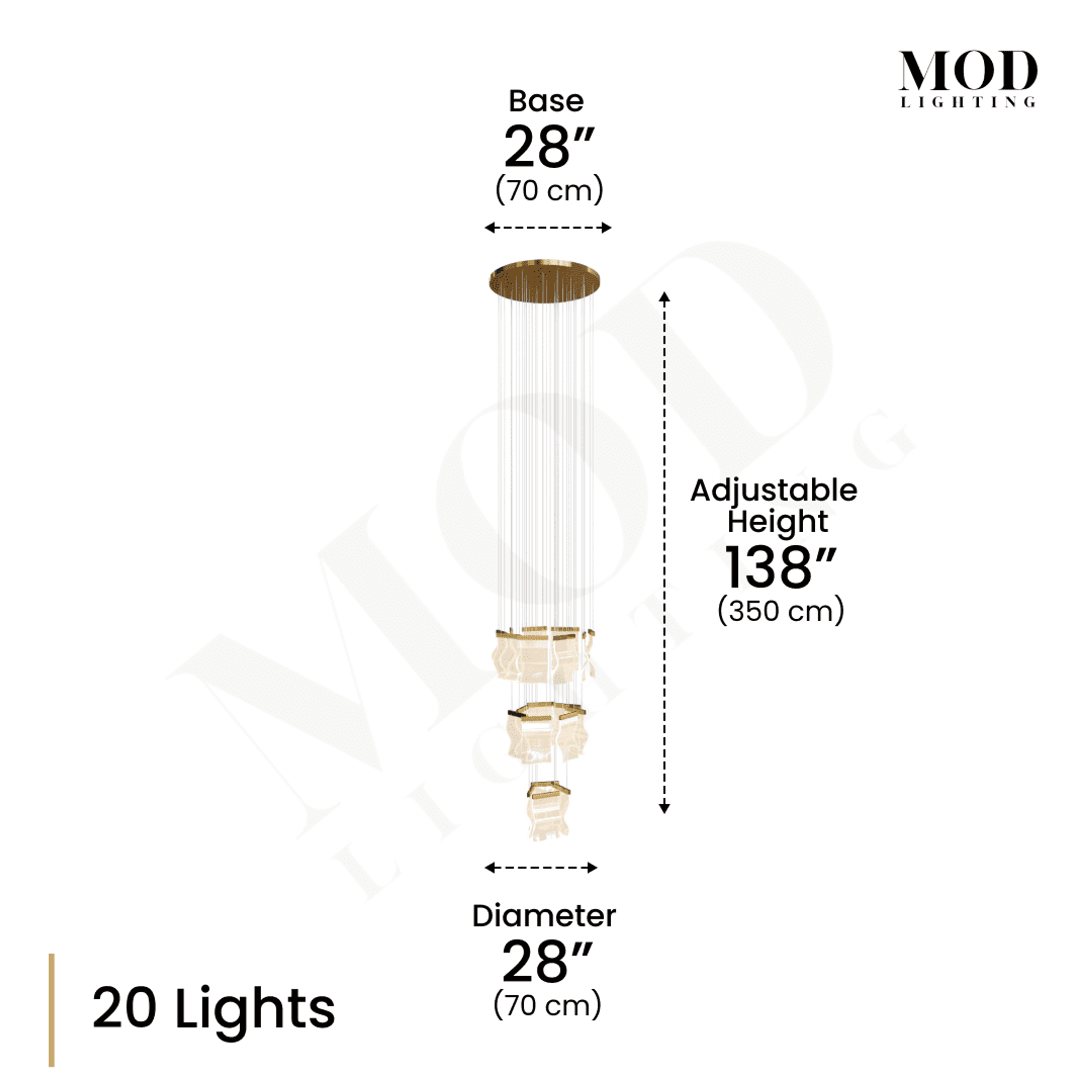 Helia 20-light spiral chandelier dimension diagram: 28in base and diameter, 138in adjustable height