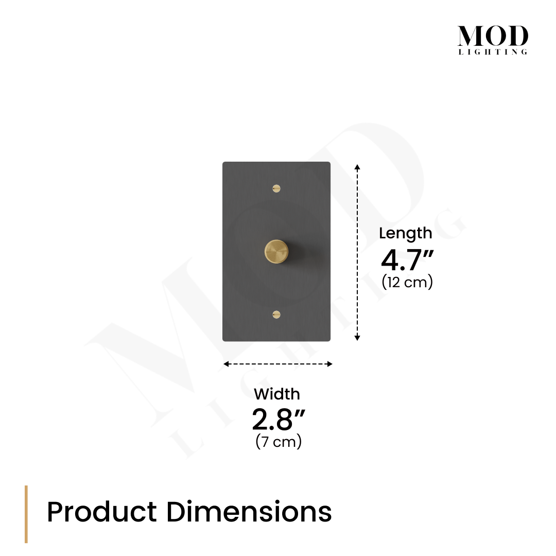 Modern Dimmer Switch dimension diagram, black plate with gold rotary knob, 4.7 in long by 2.8 in wide