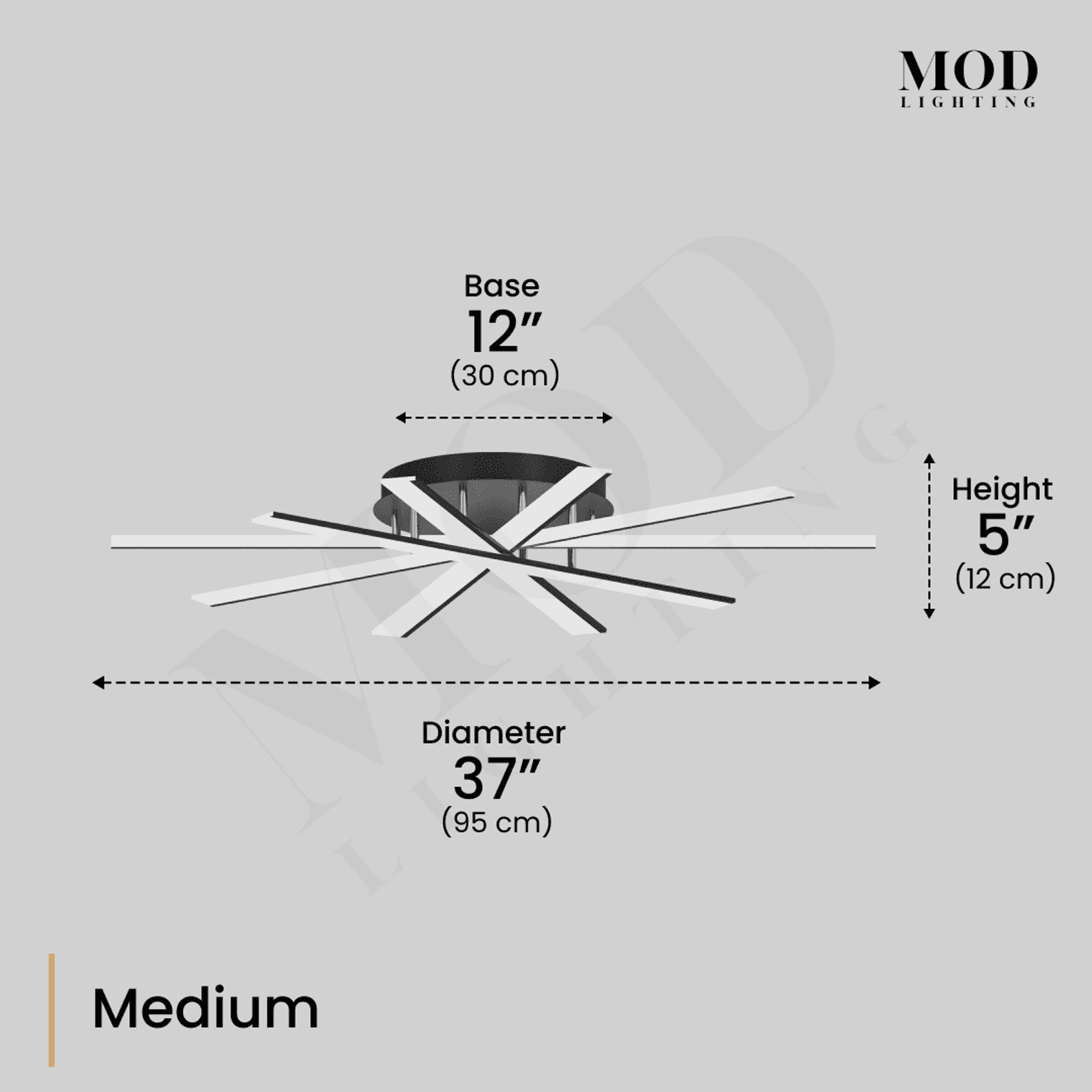 Jayce Medium dimension diagram: crossed LED bars, 37 in (95 cm) diameter, 5 in high, 12 in base