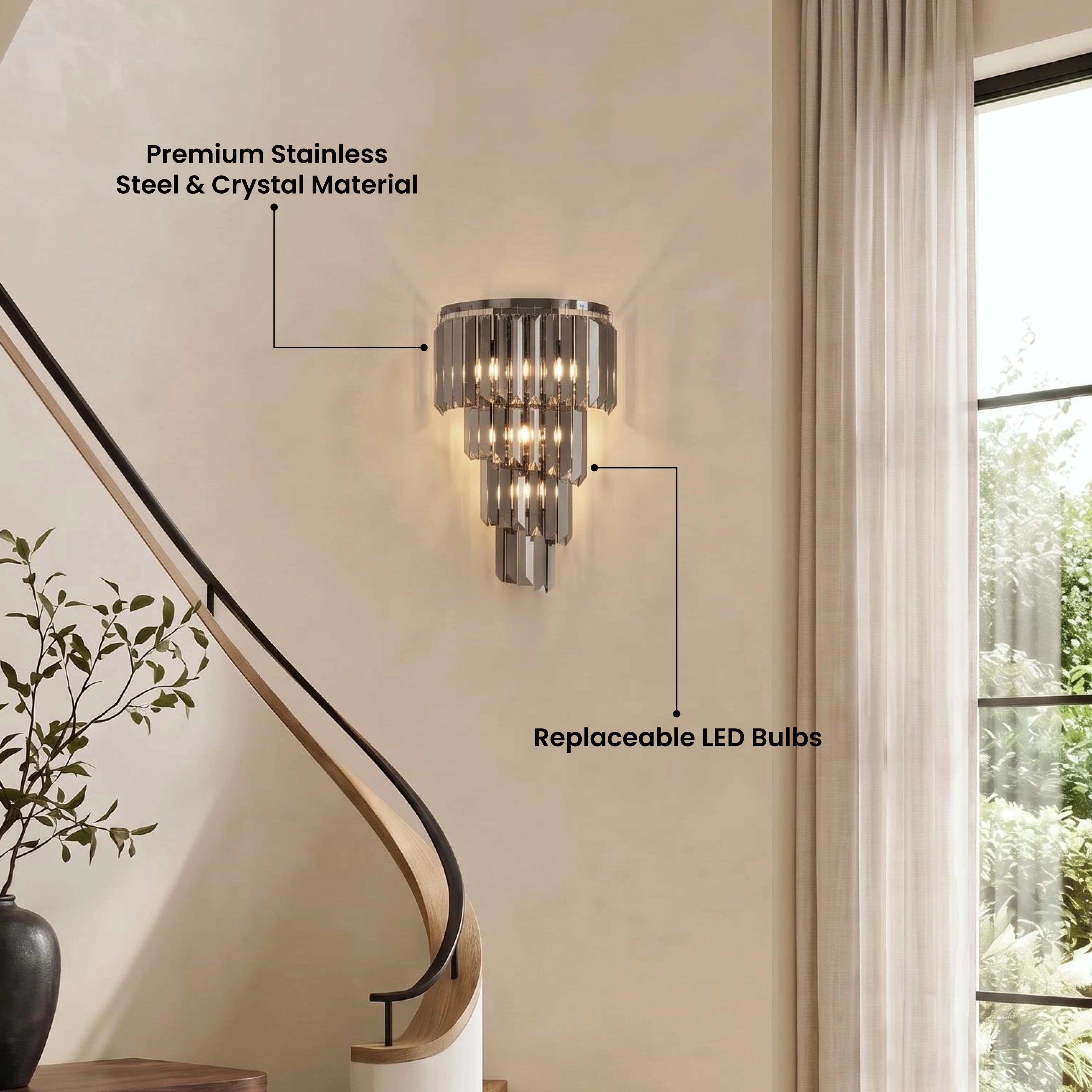Umbra tiered crystal sconce glowing on a dark stone wall, with a five-star customer review