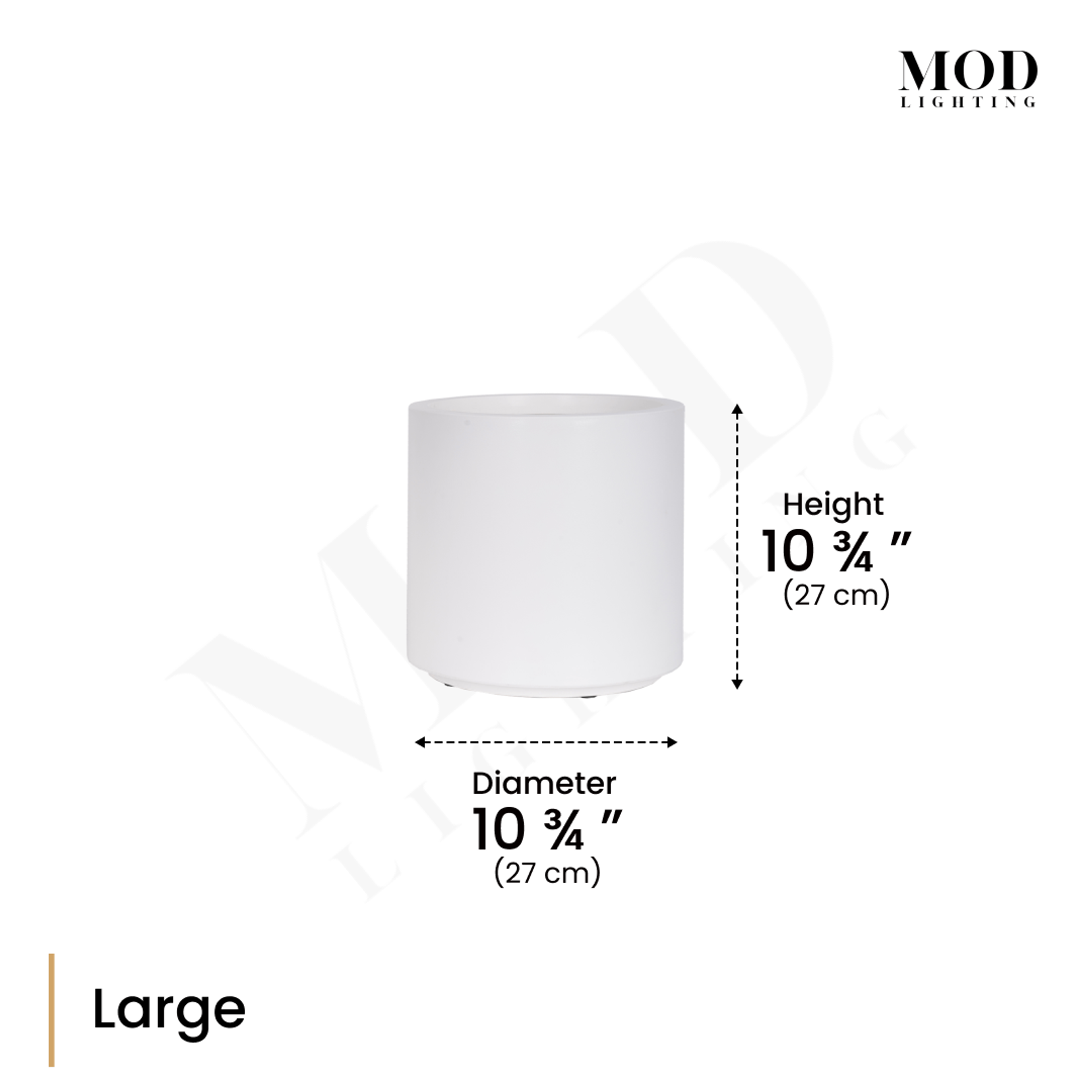 Plant Pot, large white matte cylindrical planter, dimension diagram: 10.75 in height, 10.75 in diameter