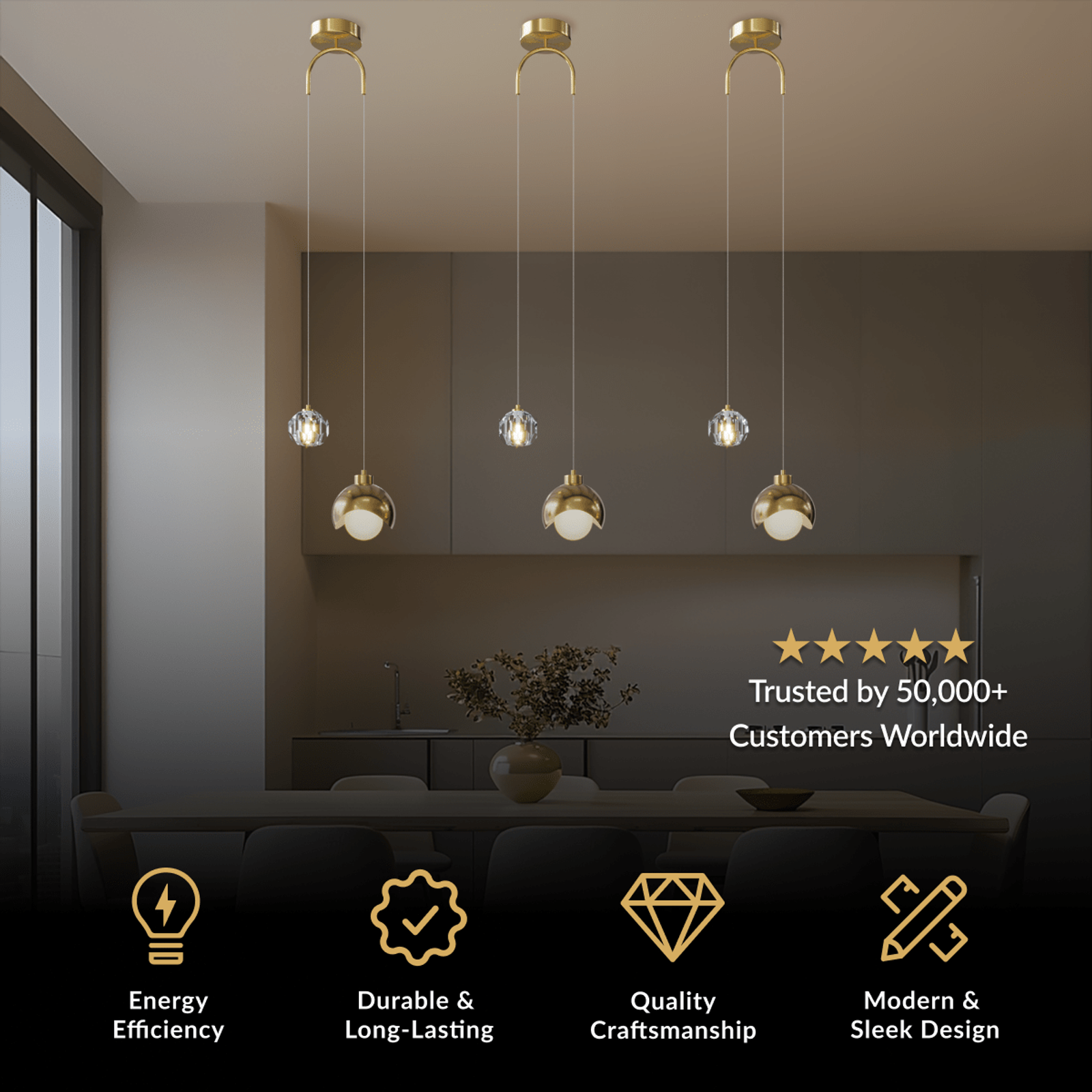 Diana row of gold and clear-glass pendant lights over a table in a warm-toned room