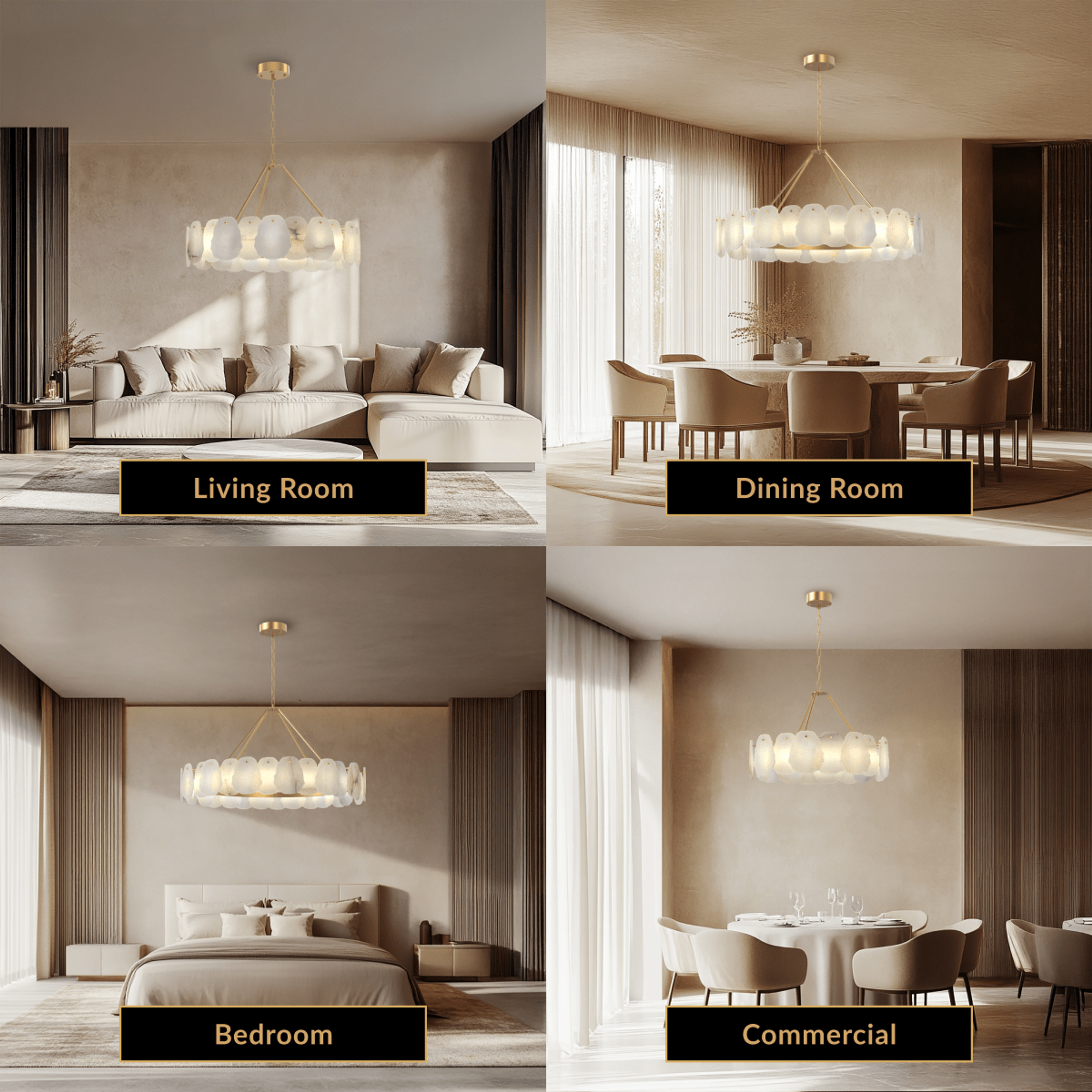 Alba gold and alabaster petal drum chandelier shown in living room, dining room, bedroom and commercial spaces