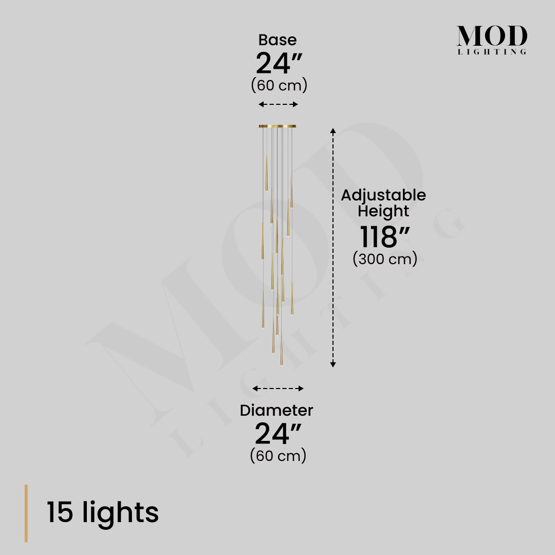 Jasper cascade pendant diagram: 15 lights, 24-inch base and diameter, 118-inch adjustable height