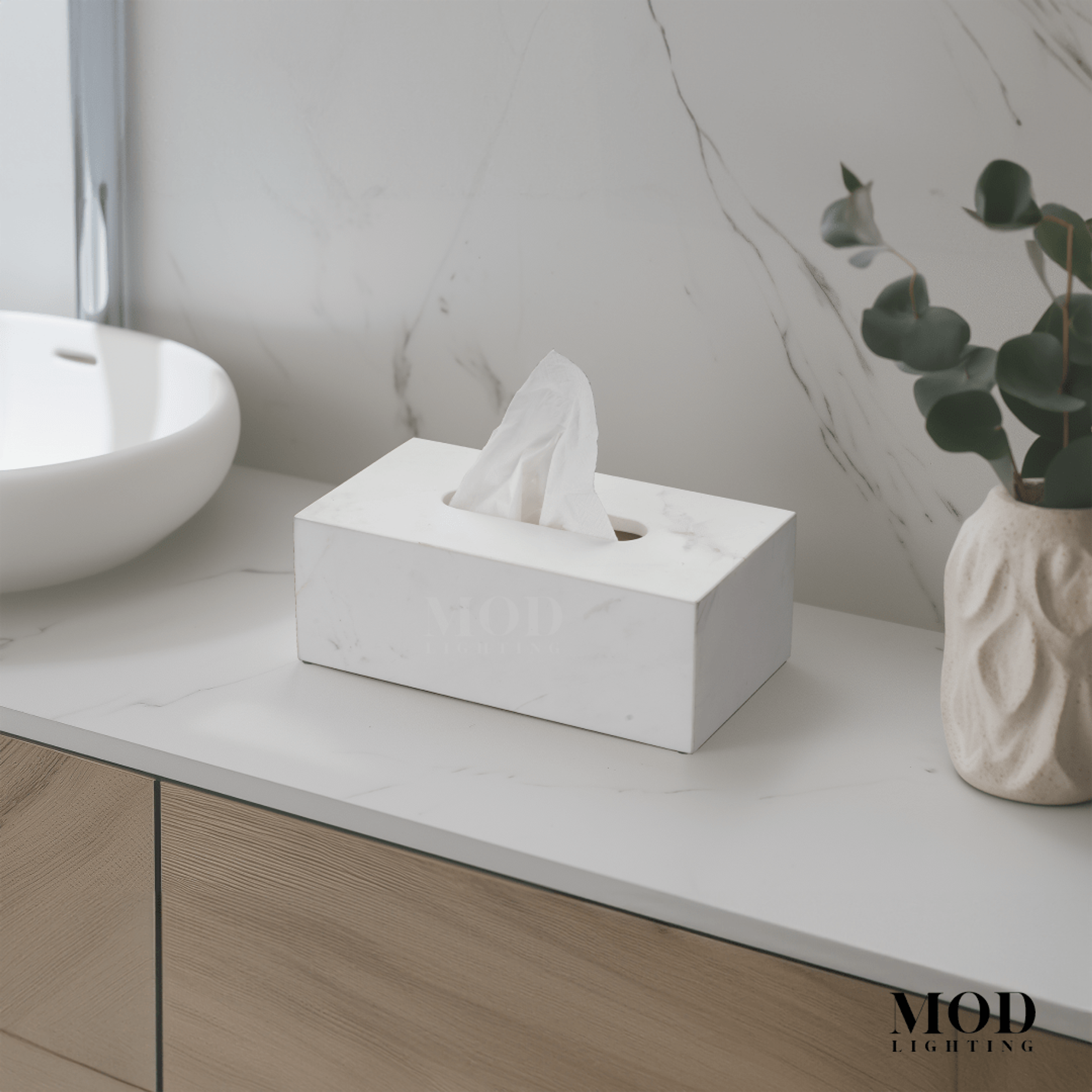 Jazz White Marble tissue box, rectangular white marble cover on a marble bathroom vanity beside a round basin