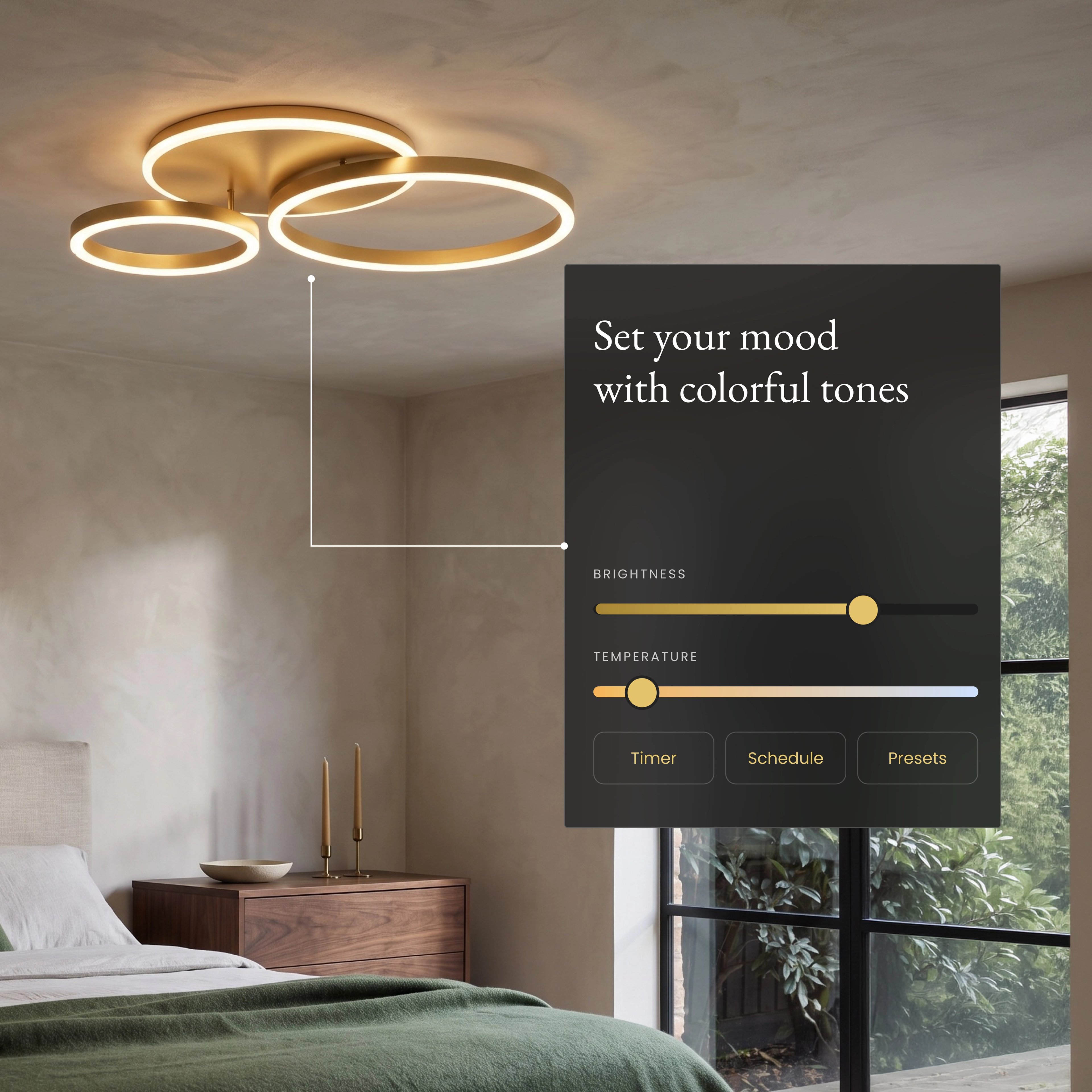 Gold Chloe Smart ceiling light in a bedroom with the app brightness and color temperature sliders