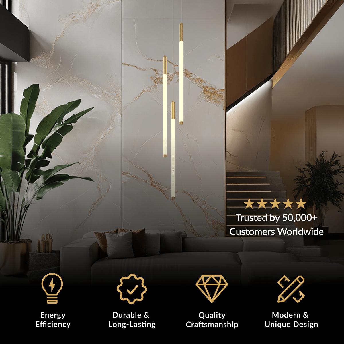 Kasper staircase chandelier, thin vertical gold LED tubes cascading beside a stairwell above a sofa