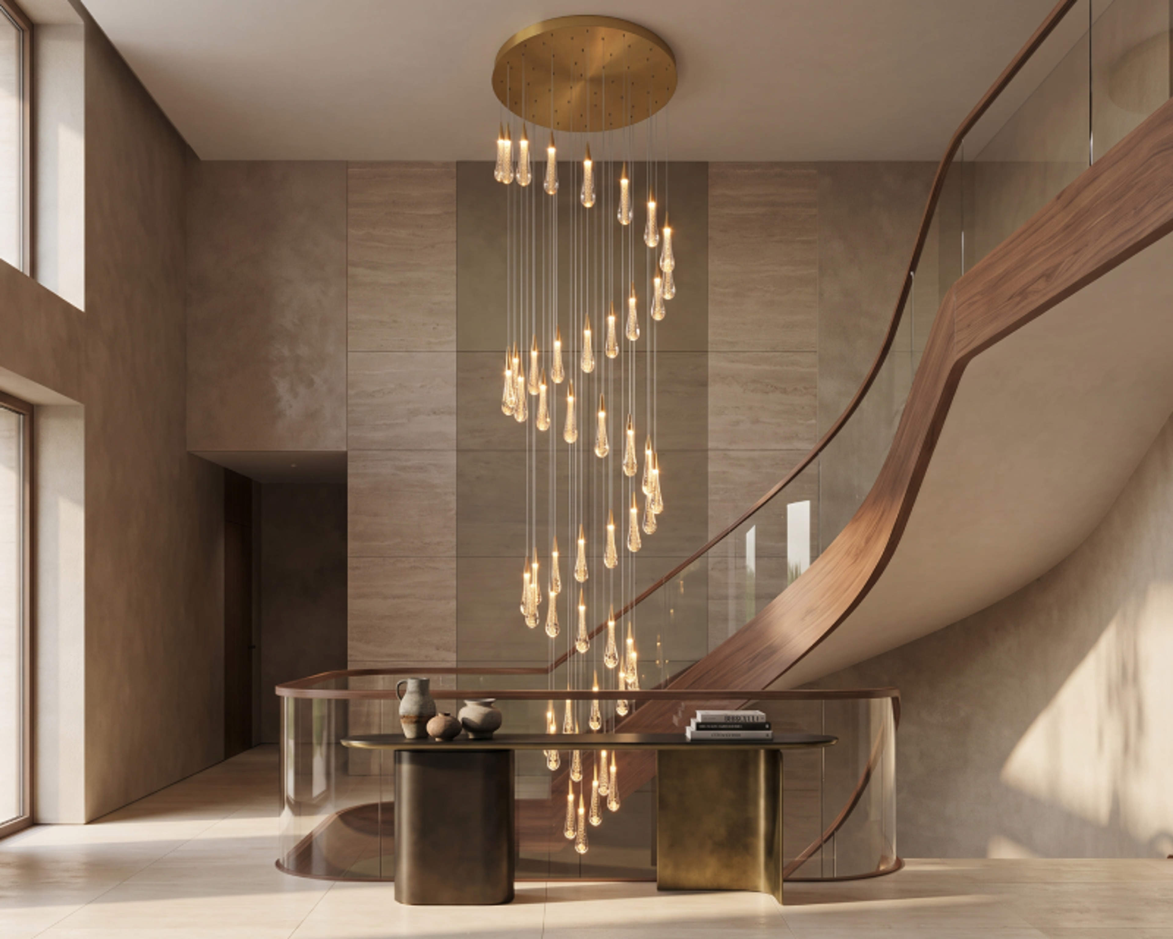 Marble cascading chandelier beside a staircase