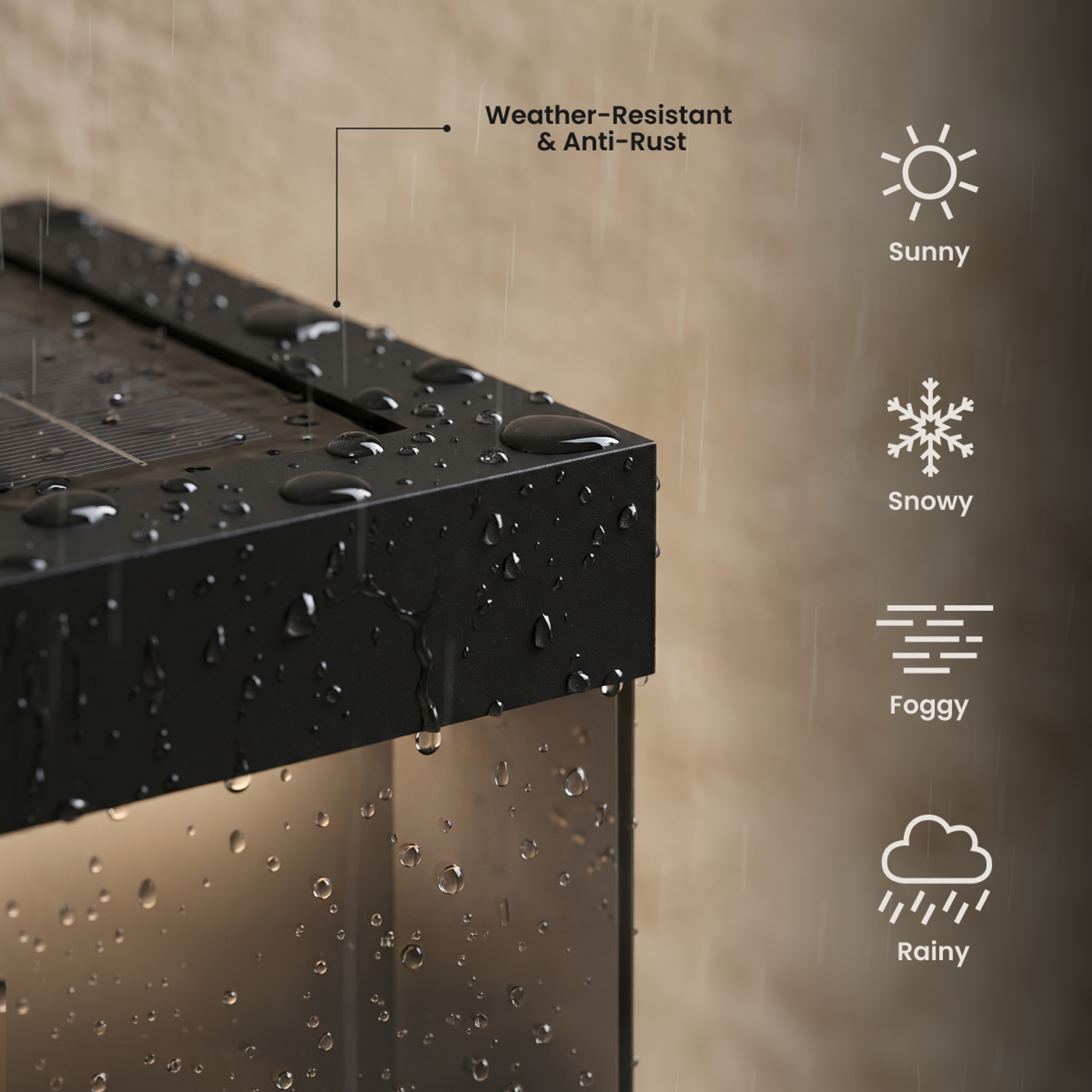 Chaz black solar outdoor lamp close-up, water-beaded surface, weather-resistant for sunny, snowy, foggy, rainy conditions