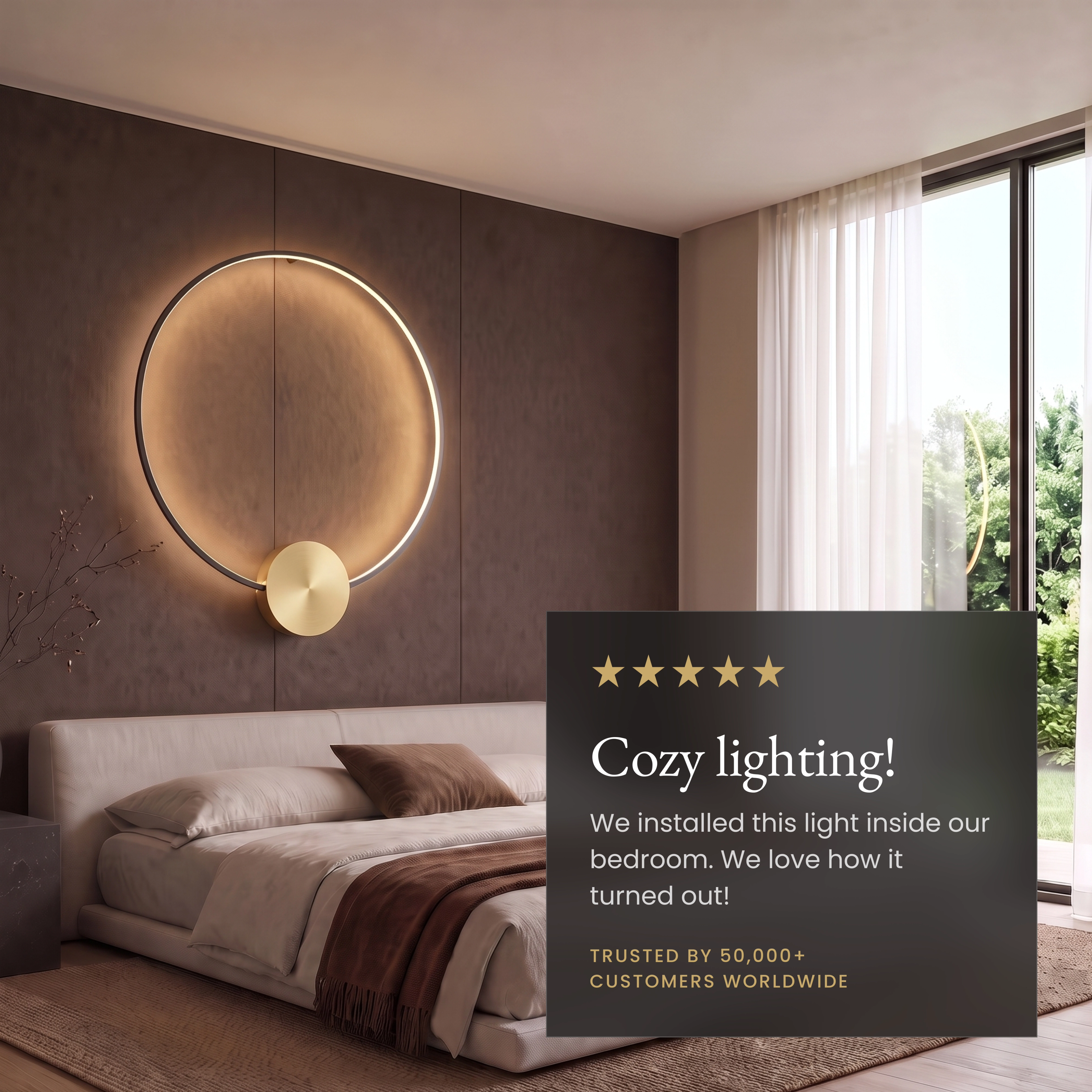 Halo wall lamp, gold glowing ring with black disc, warm white, mounted above a bedroom console