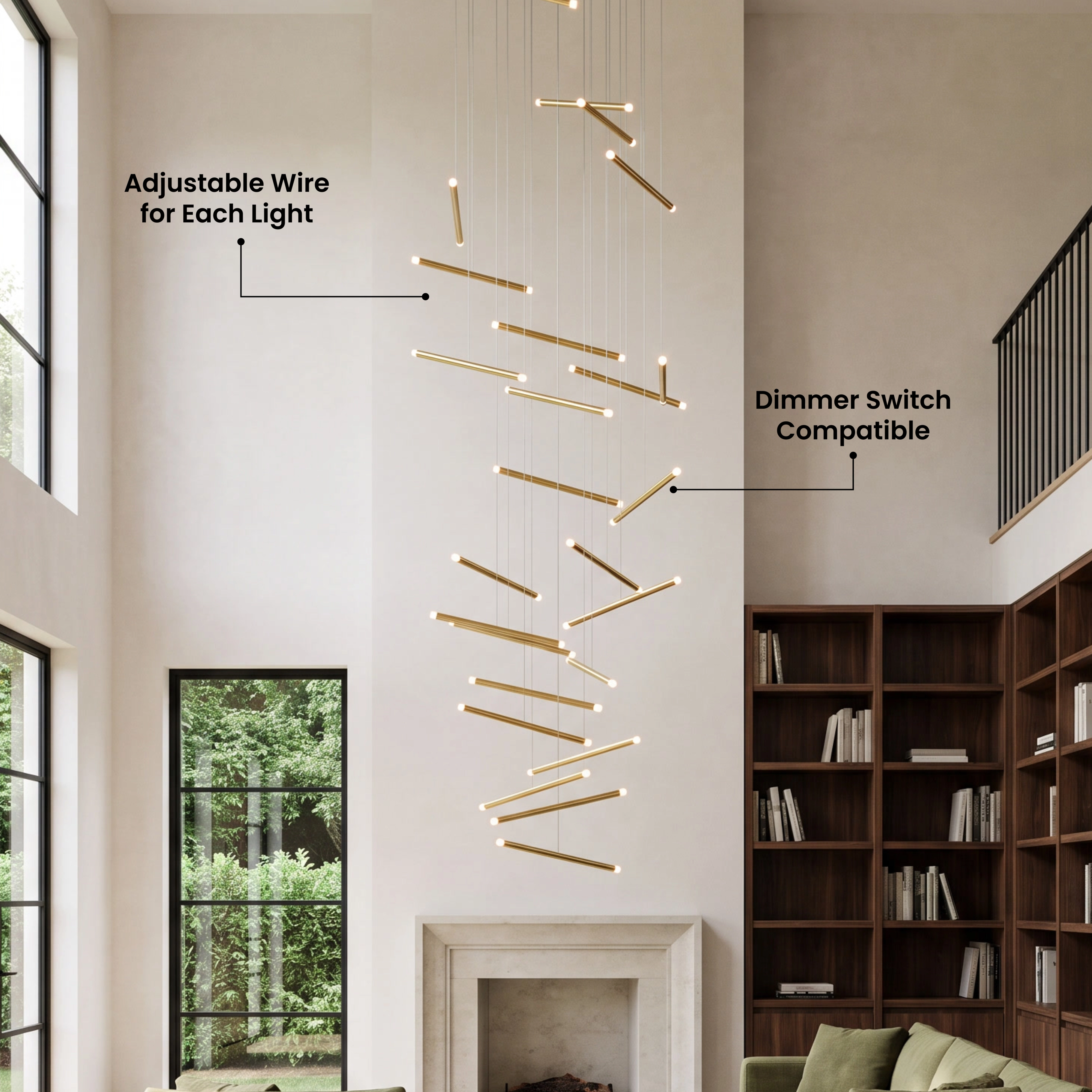 Freya gold spiraling staircase chandelier beside a curved staircase, with five-star customer review