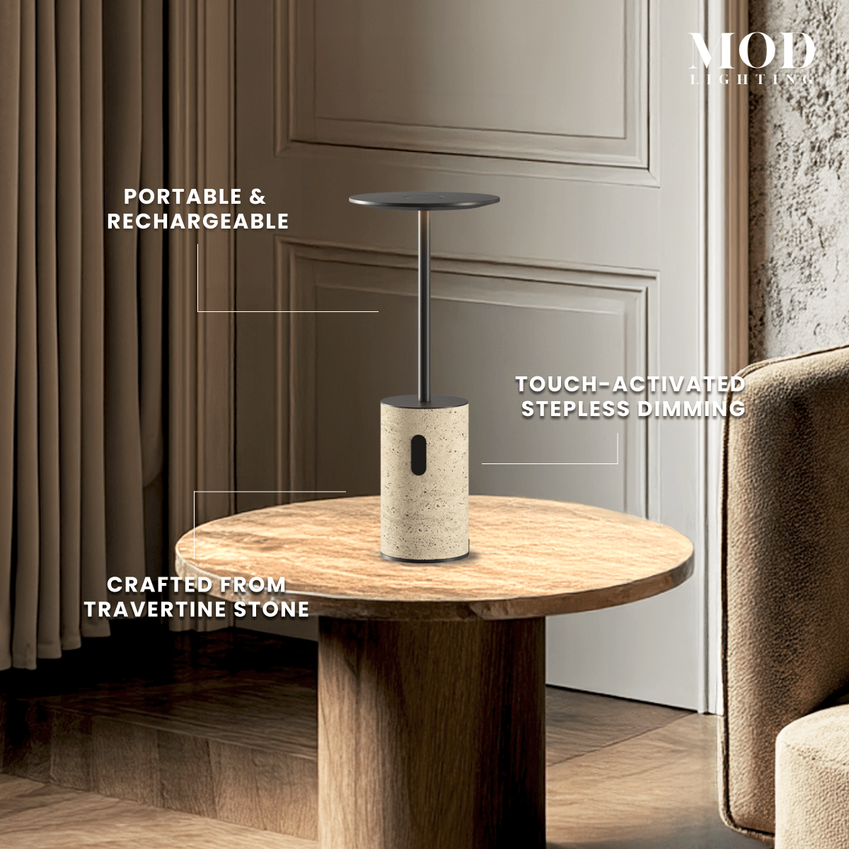 Vera table lamp, cylindrical travertine base with slim stem and flat disc shade, portable and touch-dimmable