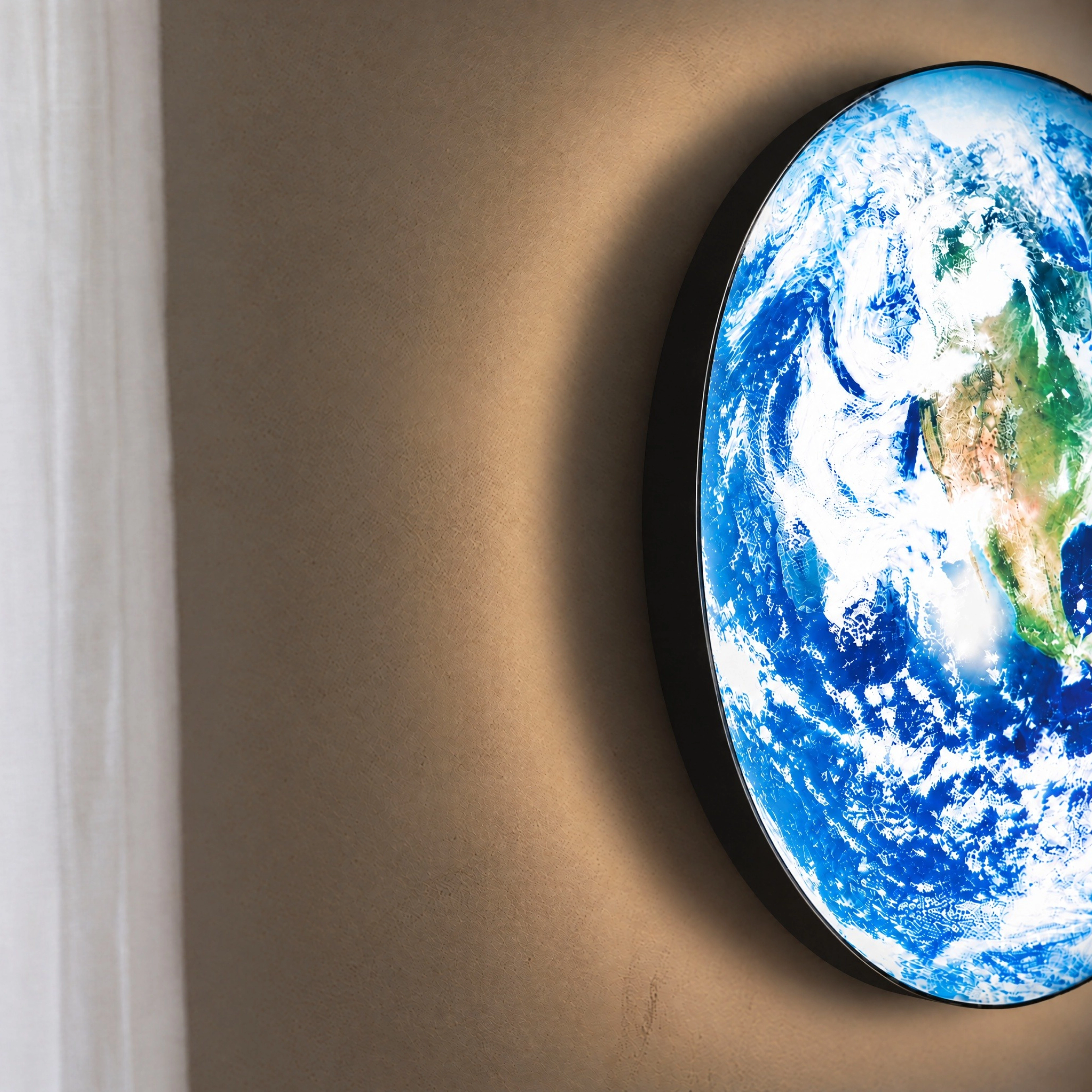 Terra Earth-globe light on a dark bedroom wall, cool white 6000K, unique Earth design