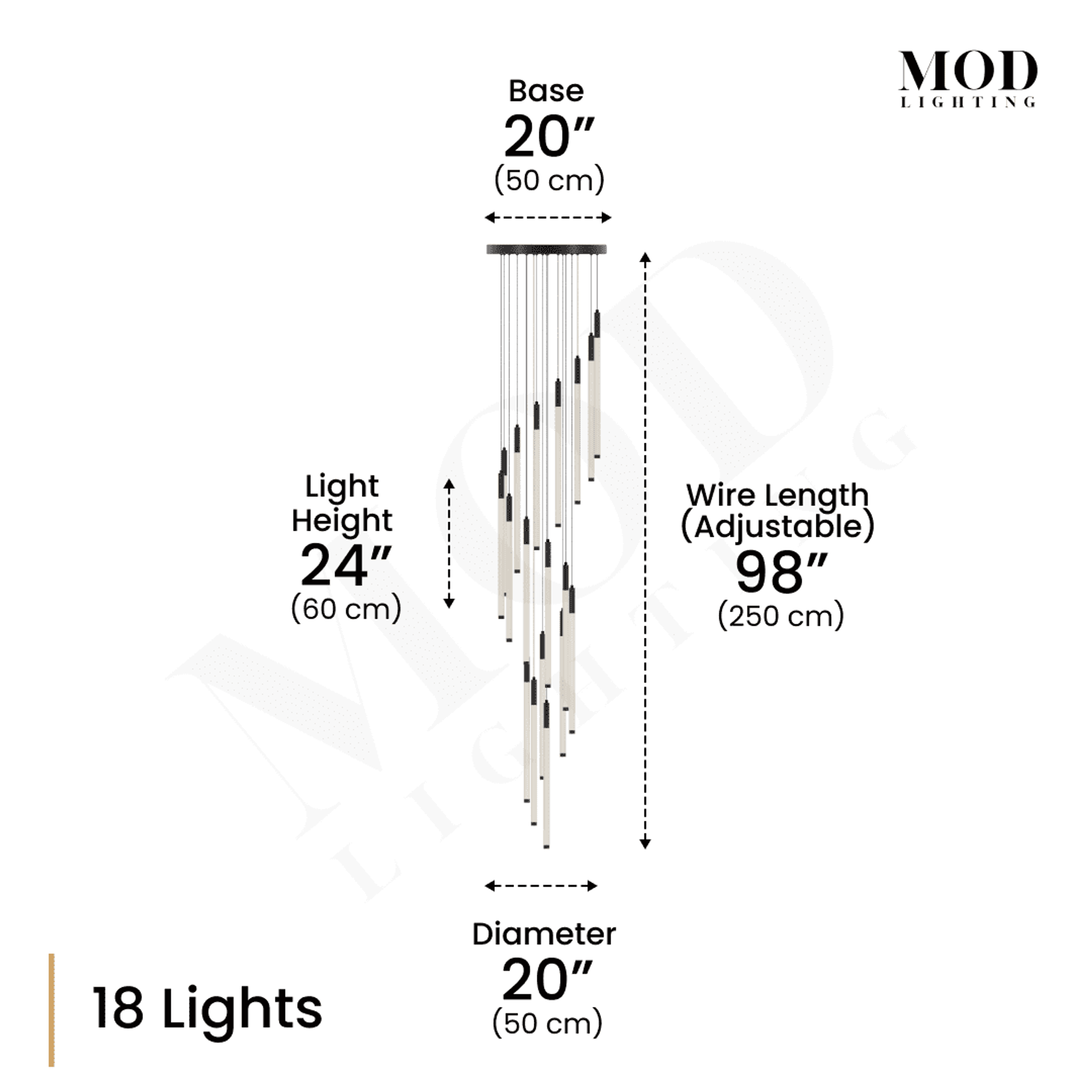 Kasper 18-light dimension diagram: black cascading rods, 24-inch light height, adjustable 98-inch wire