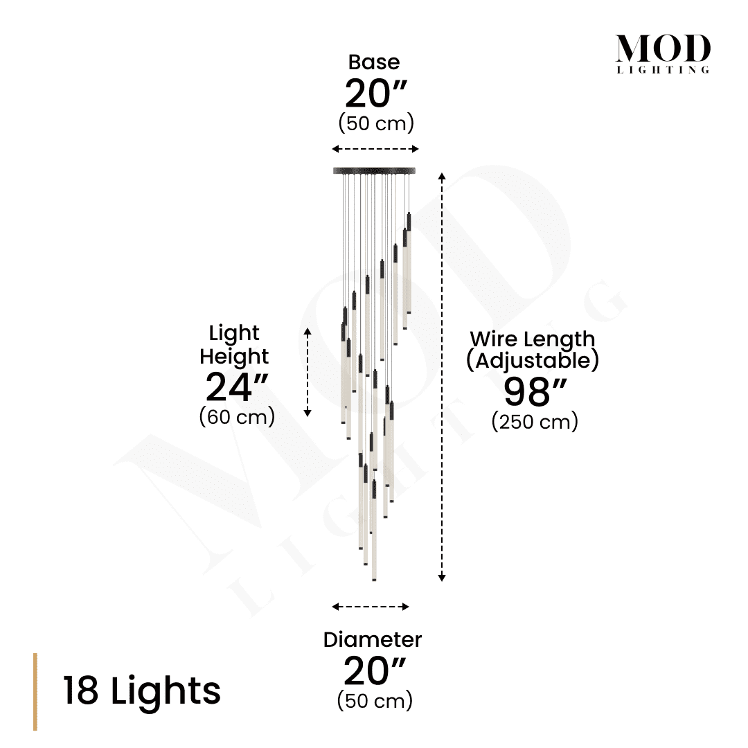 Kasper 18-light dimension diagram: black cascading rods, 24-inch light height, adjustable 98-inch wire