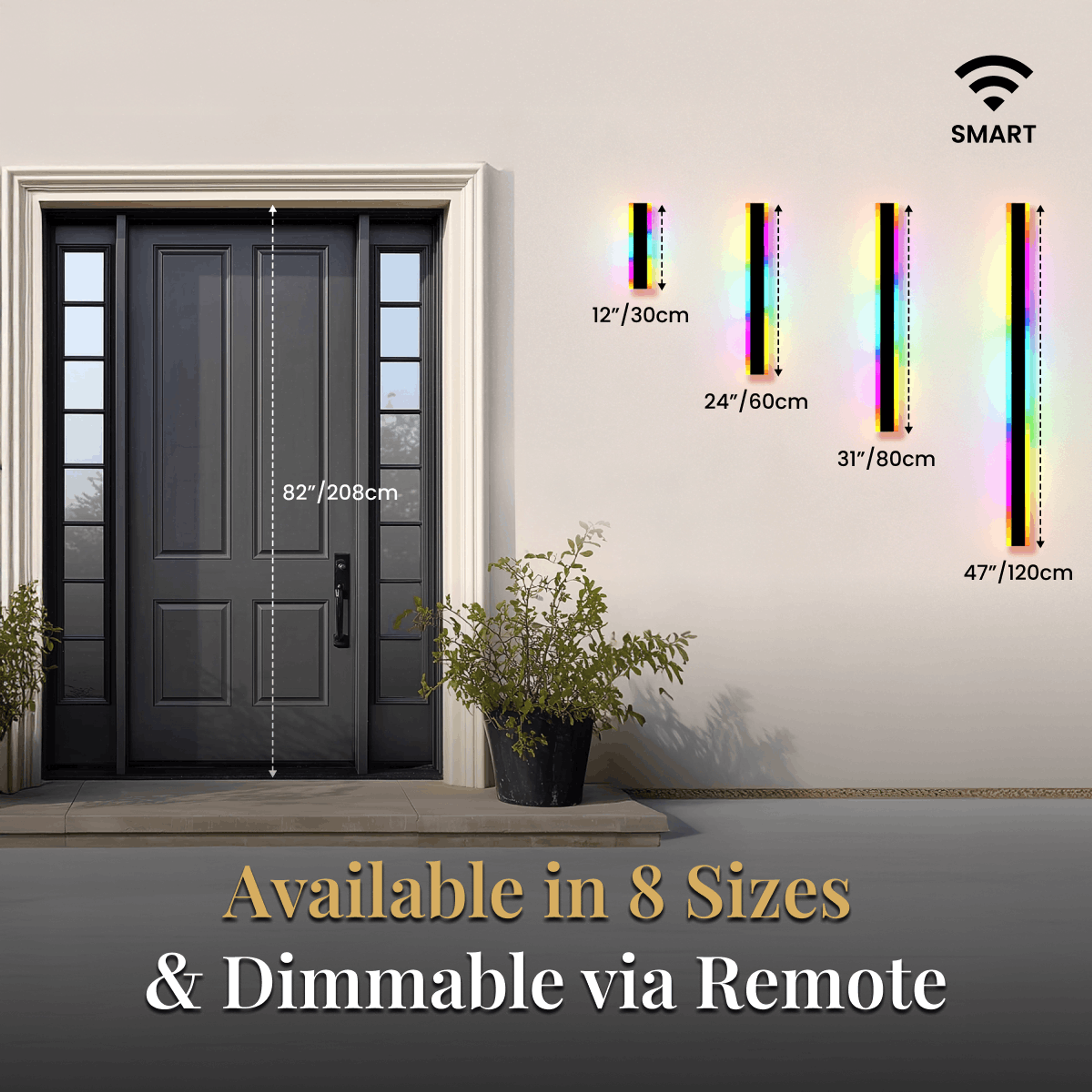Haylen RGB LED bar lights, dimmable via remote, shown in 12, 24, 31 and 47 inch sizes beside an 82in door