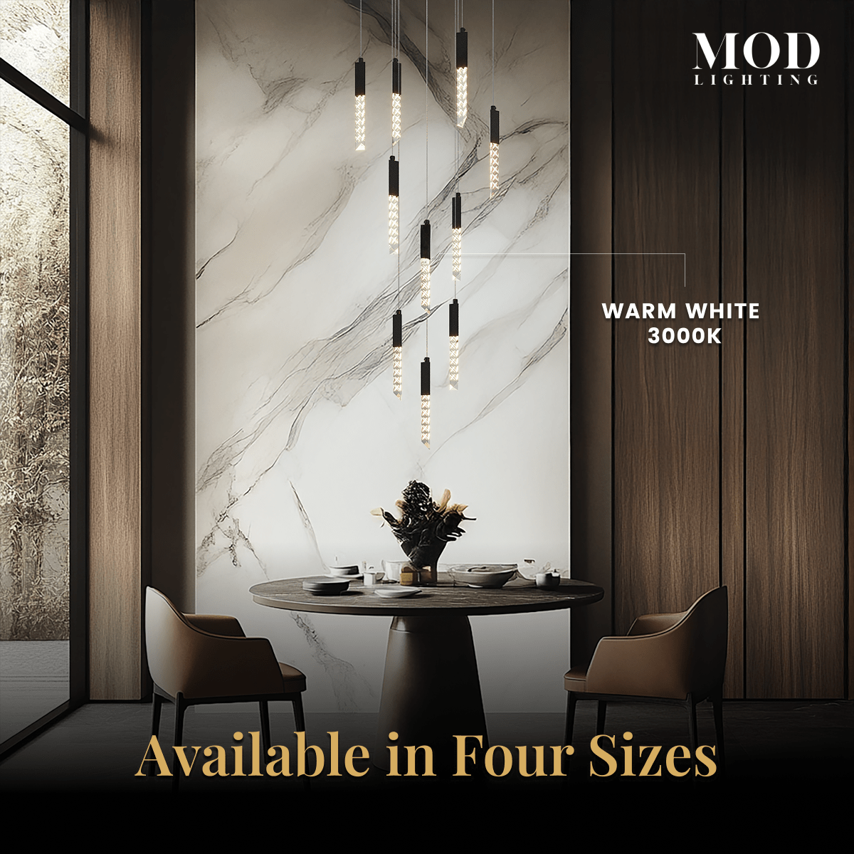 Cosmo black cascading pendants spiraling down a marble dining wall over a round table for four
