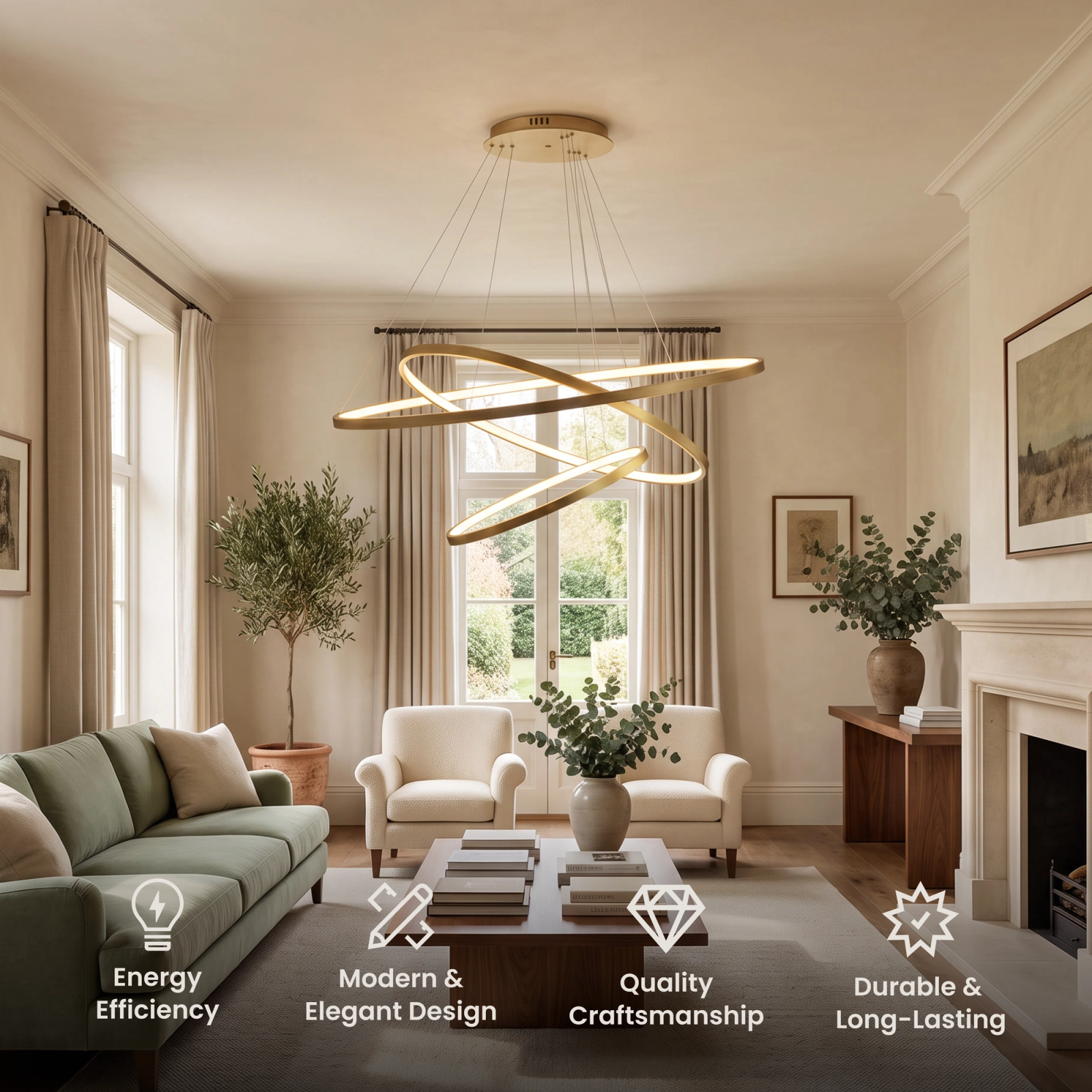 Janet Smart gold interlocking ring chandelier in a living room, with feature icons