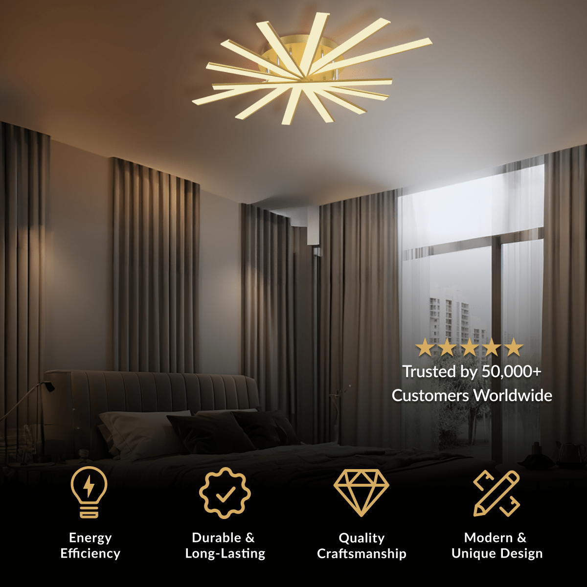 Jayce ceiling light, black arms with adjustable round spot heads mounted on a dark ceiling