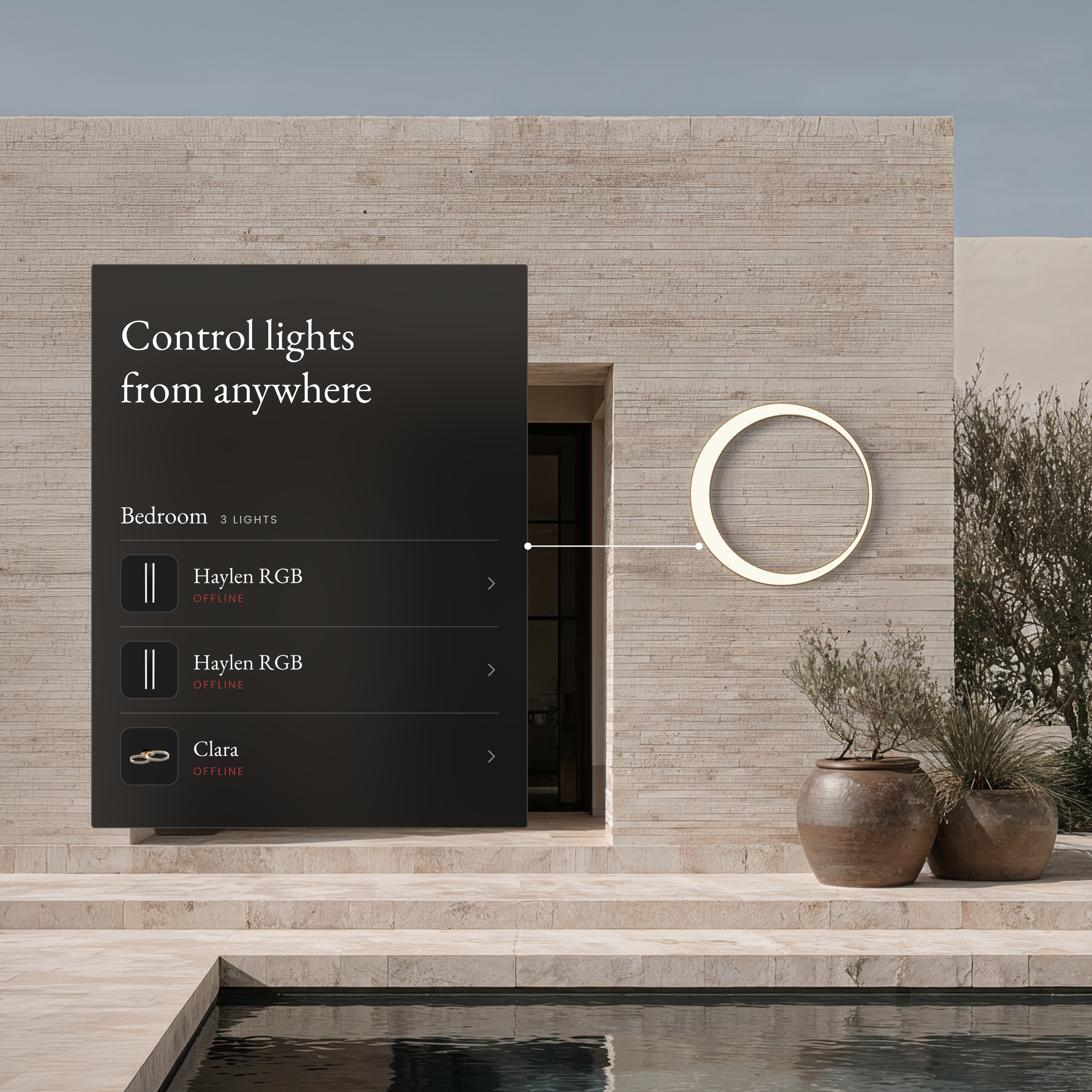 Gleam Smart round LED wall light on a stone wall beside an app panel controlling lights from anywhere