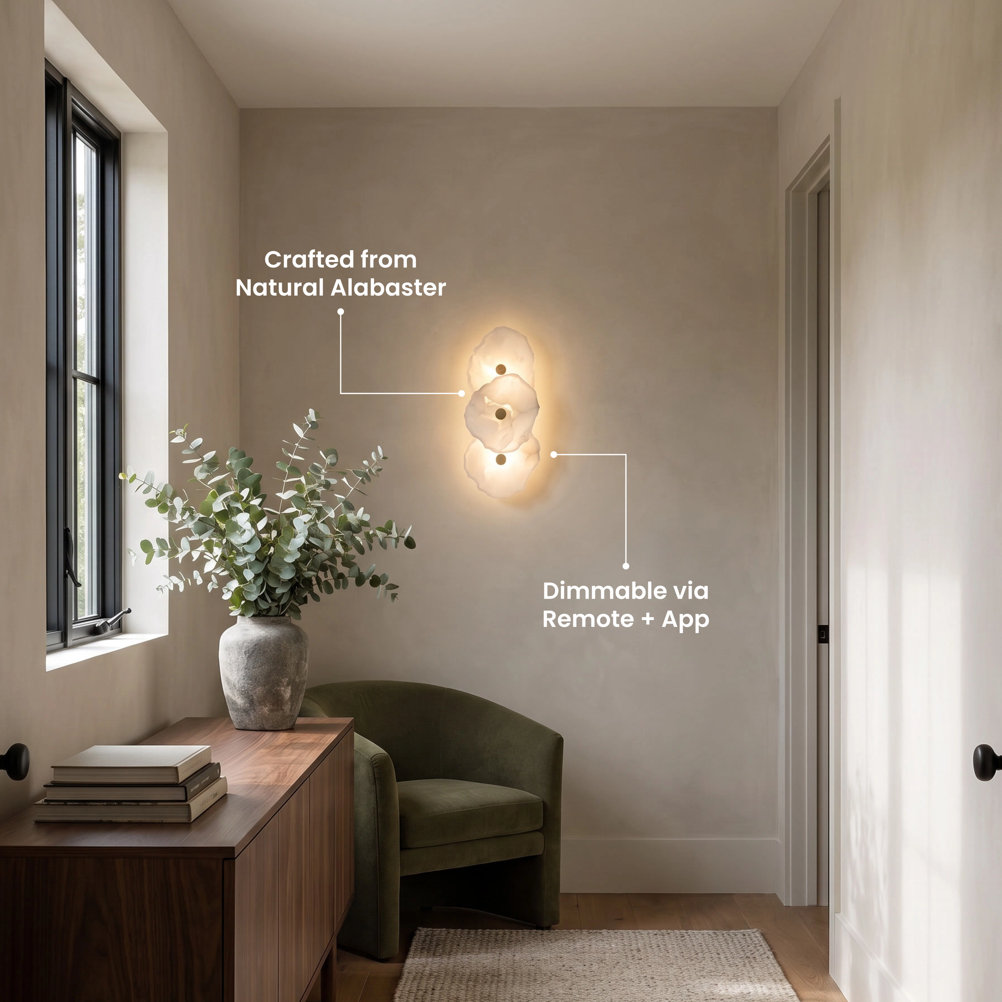 Alba Sconce Smart alabaster wall sconce in a hallway, labeled crafted from natural alabaster and dimmable via remote and app