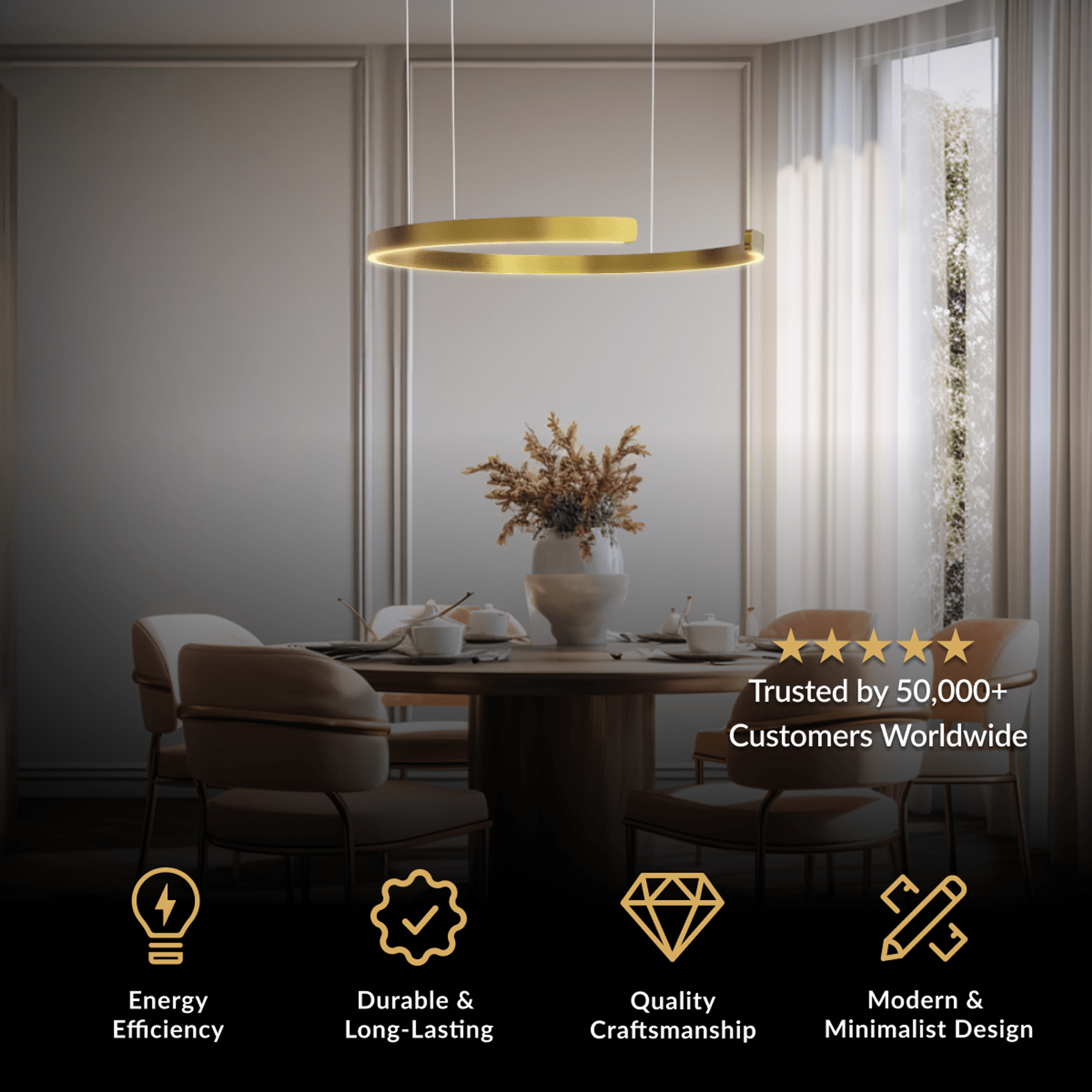 Ring single gold circular LED pendant suspended over a round dining table