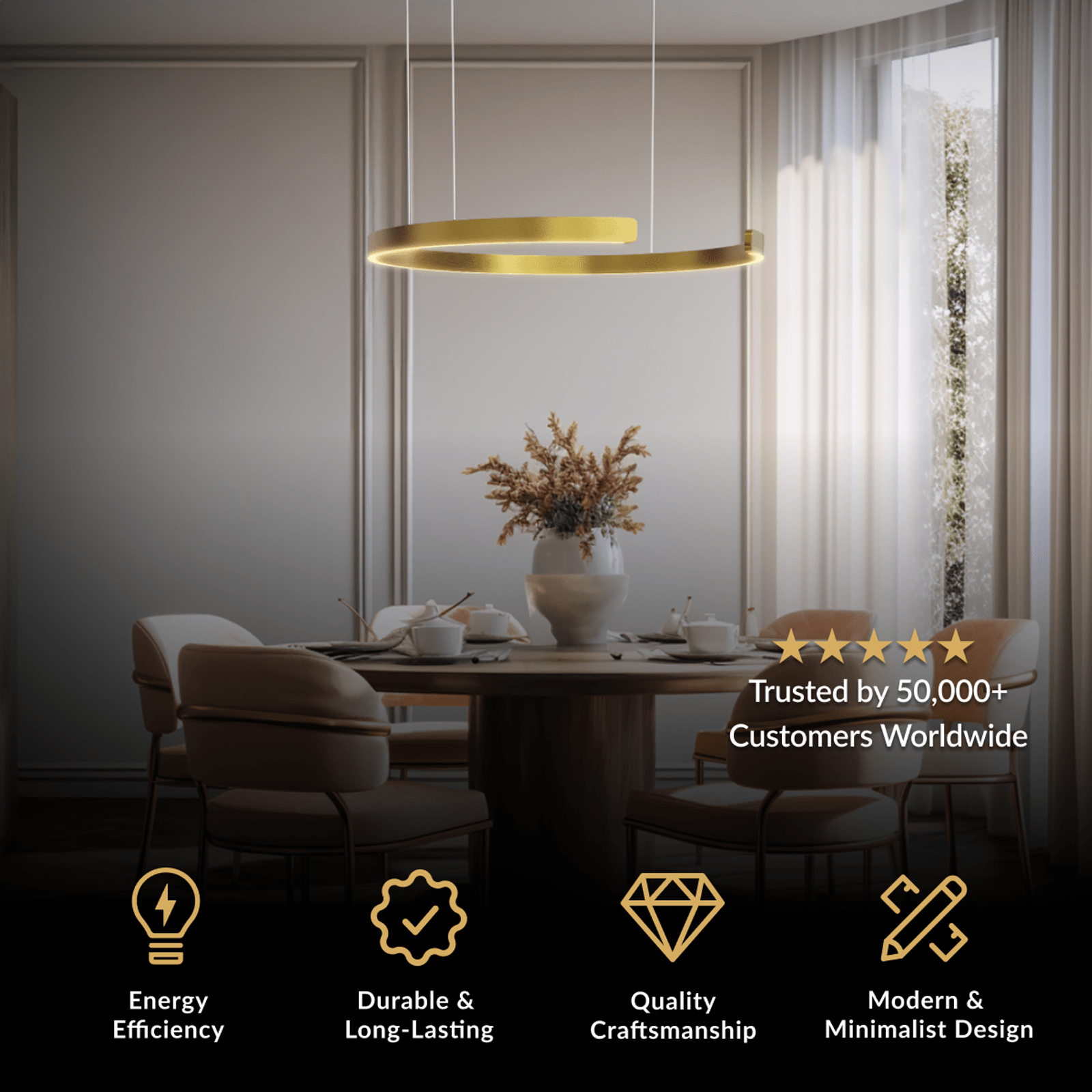Ring single gold circular LED pendant suspended over a round dining table
