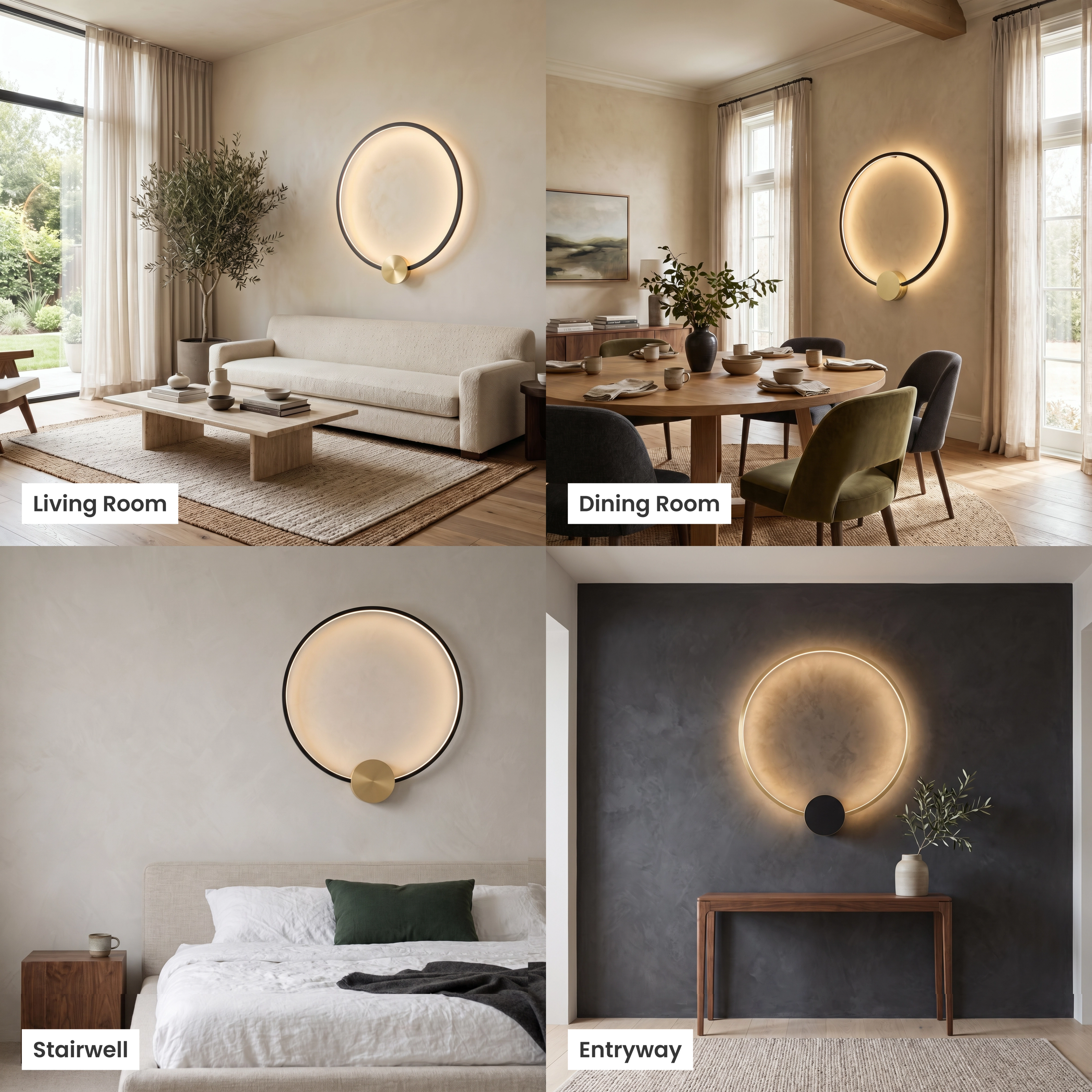 Halo wall lamp, black ring with warm LED edge and gold disc mounted above a sofa, bed and desk