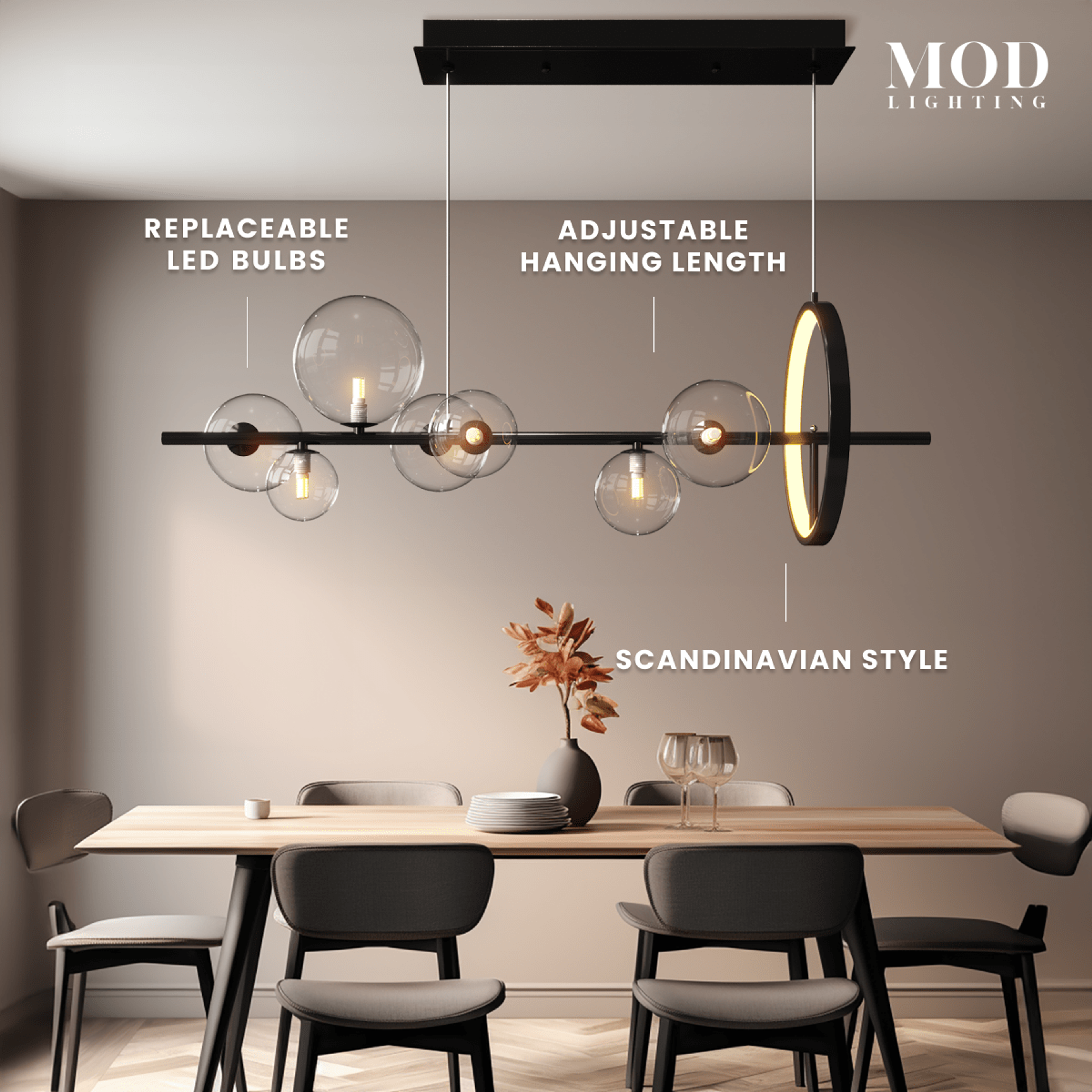 Bailey chandelier, black linear bar with clear glass orbs and a gold ring, over a dining table