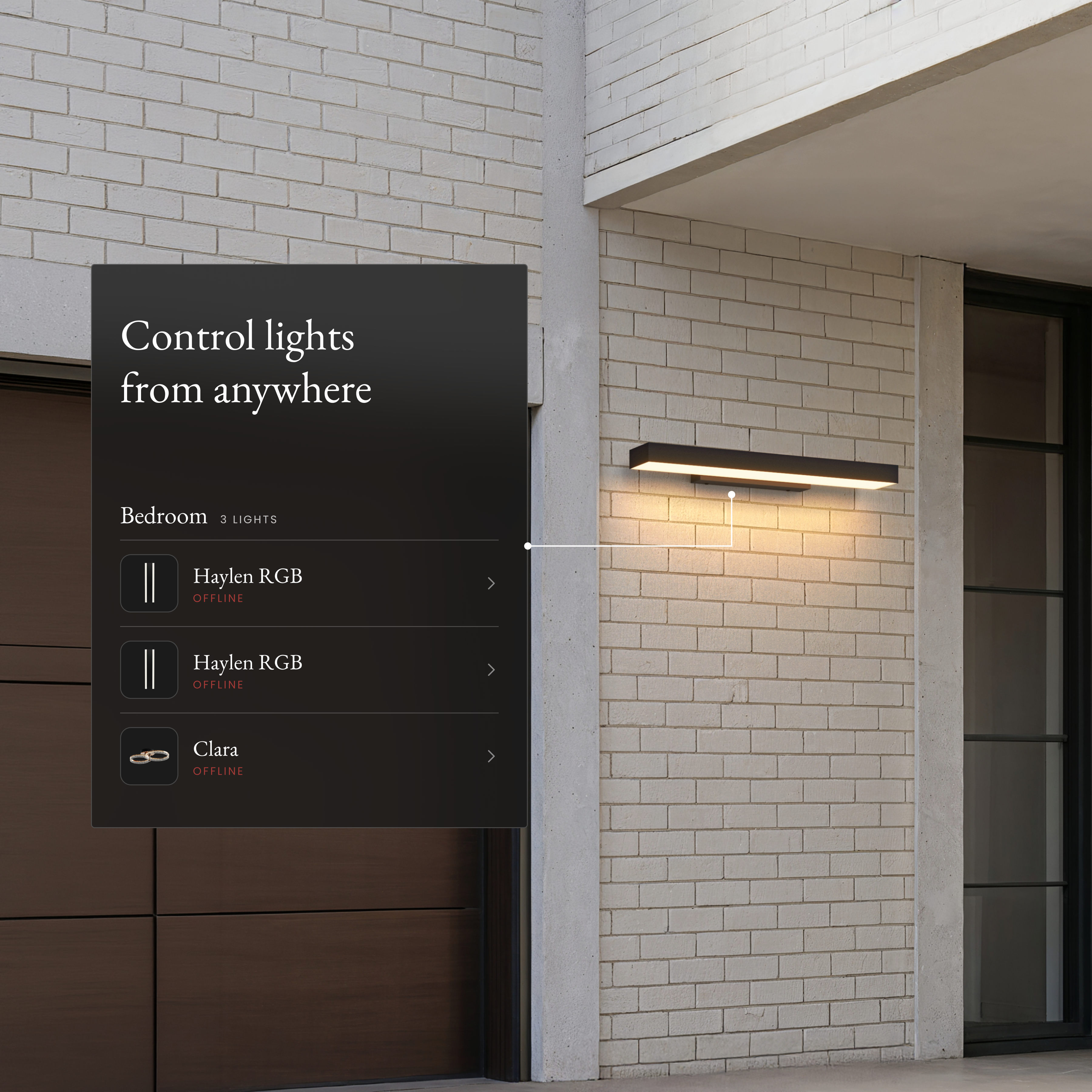 Brook Smart black horizontal sconce on a brick wall beside an app panel controlling lights from anywhere