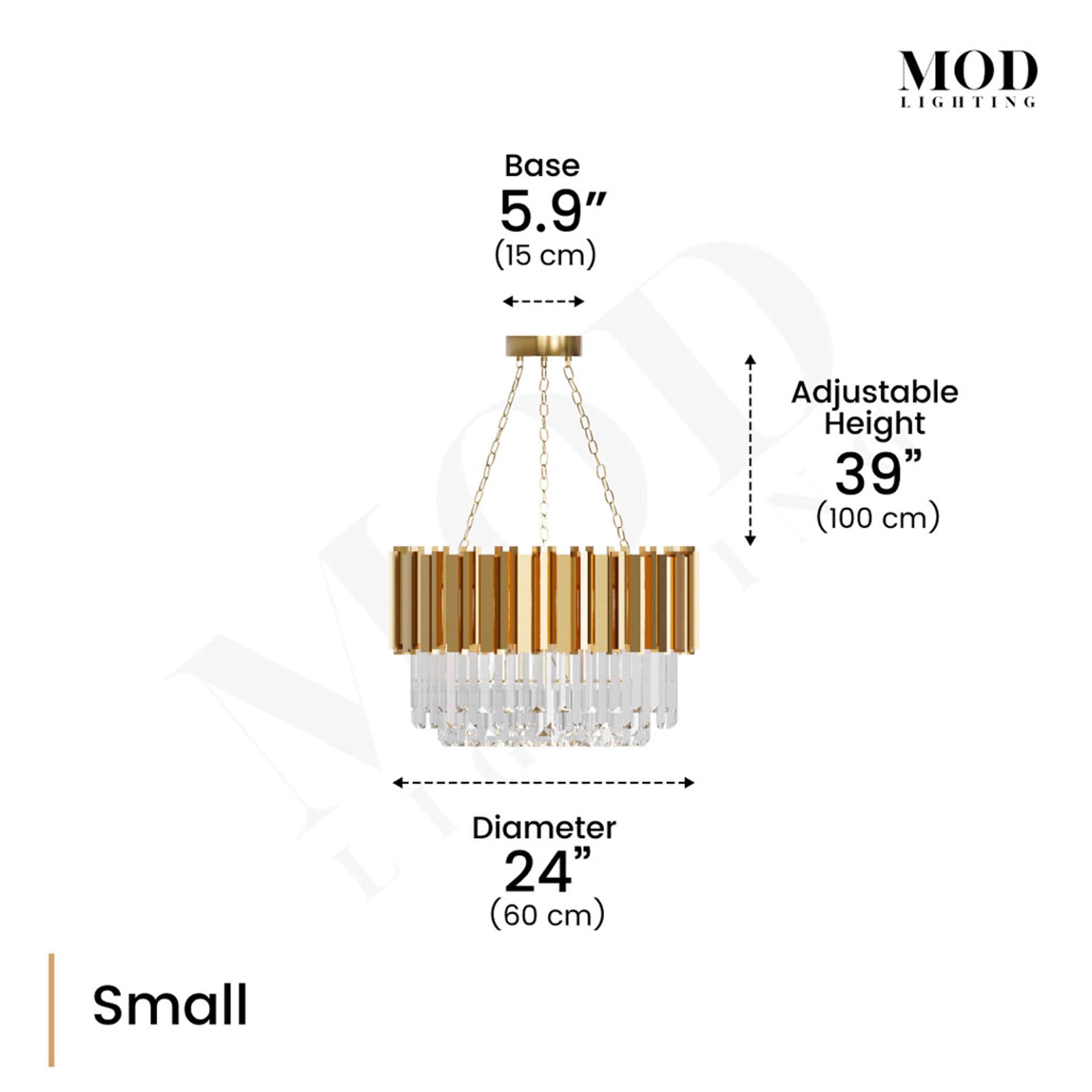 Athena Small dimension diagram: gold crystal chandelier, 24 in (60 cm) diameter, 39 in adjustable height