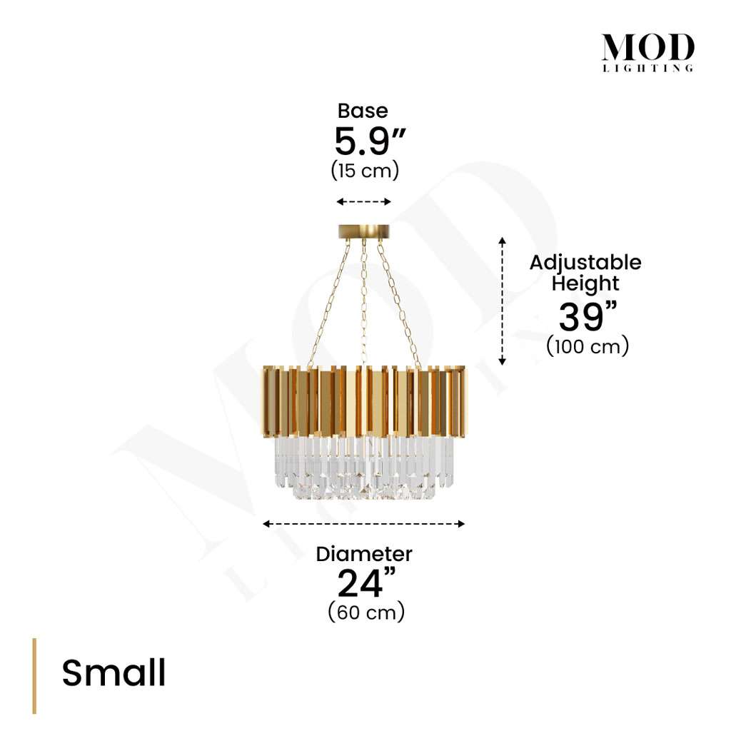 Athena Small dimension diagram: gold crystal chandelier, 24 in (60 cm) diameter, 39 in adjustable height
