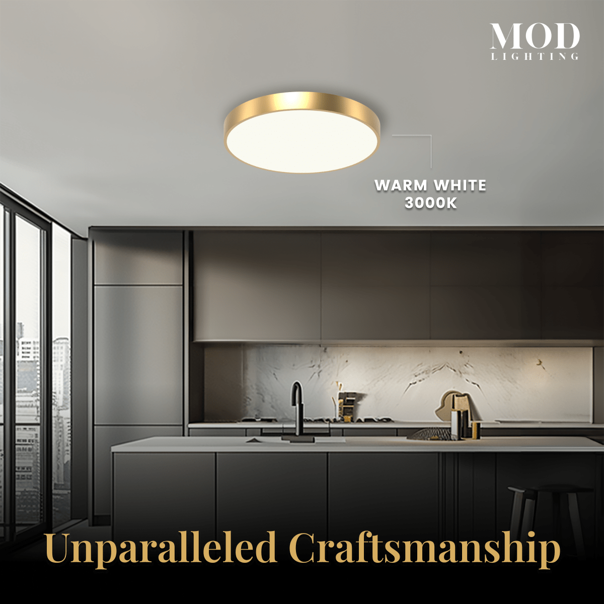 Aria brushed-gold round flush-mount ceiling light in a kitchen, warm white 3000K