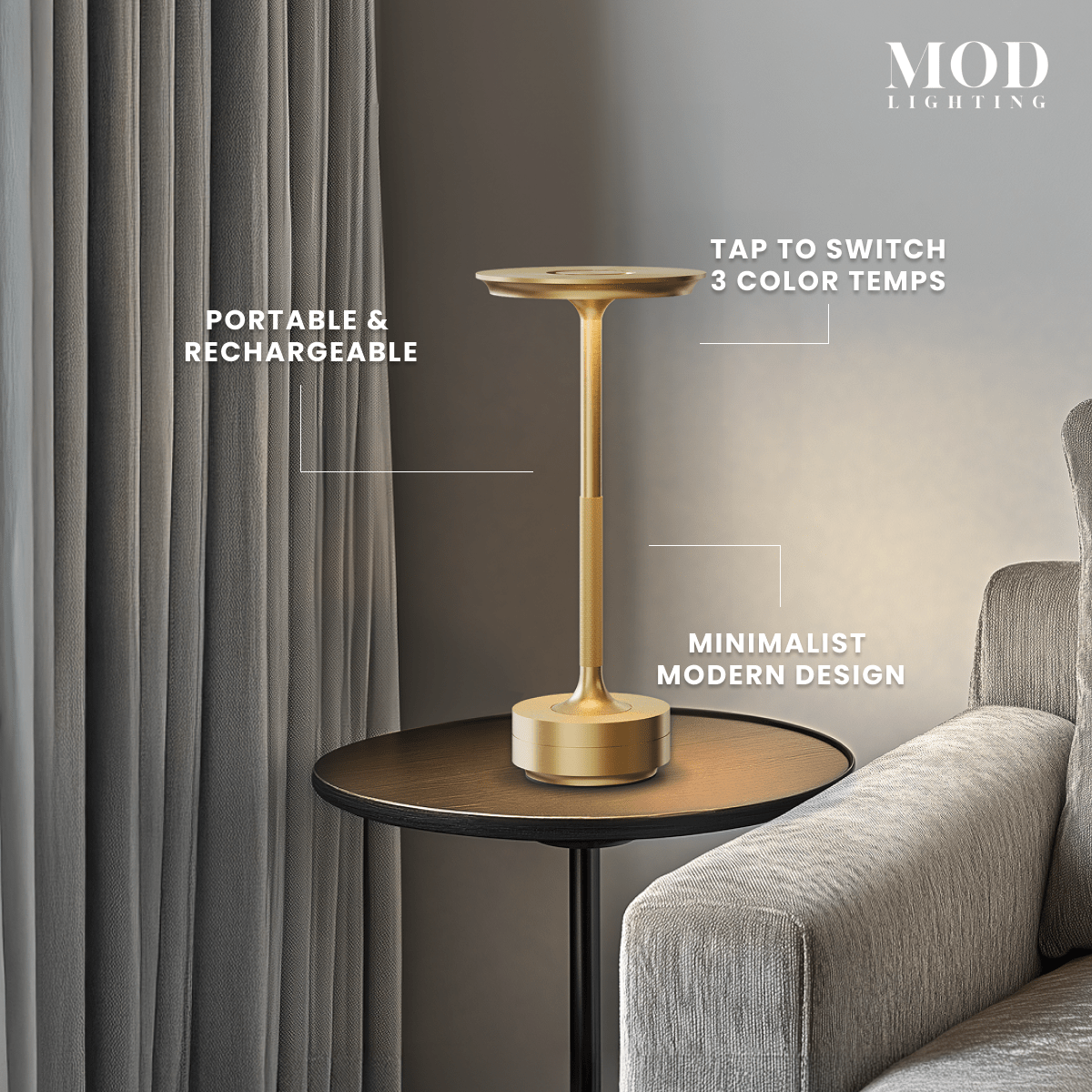 Aris brushed-gold rechargeable table lamp, slim stem with disc top on a round side table, feature callouts
