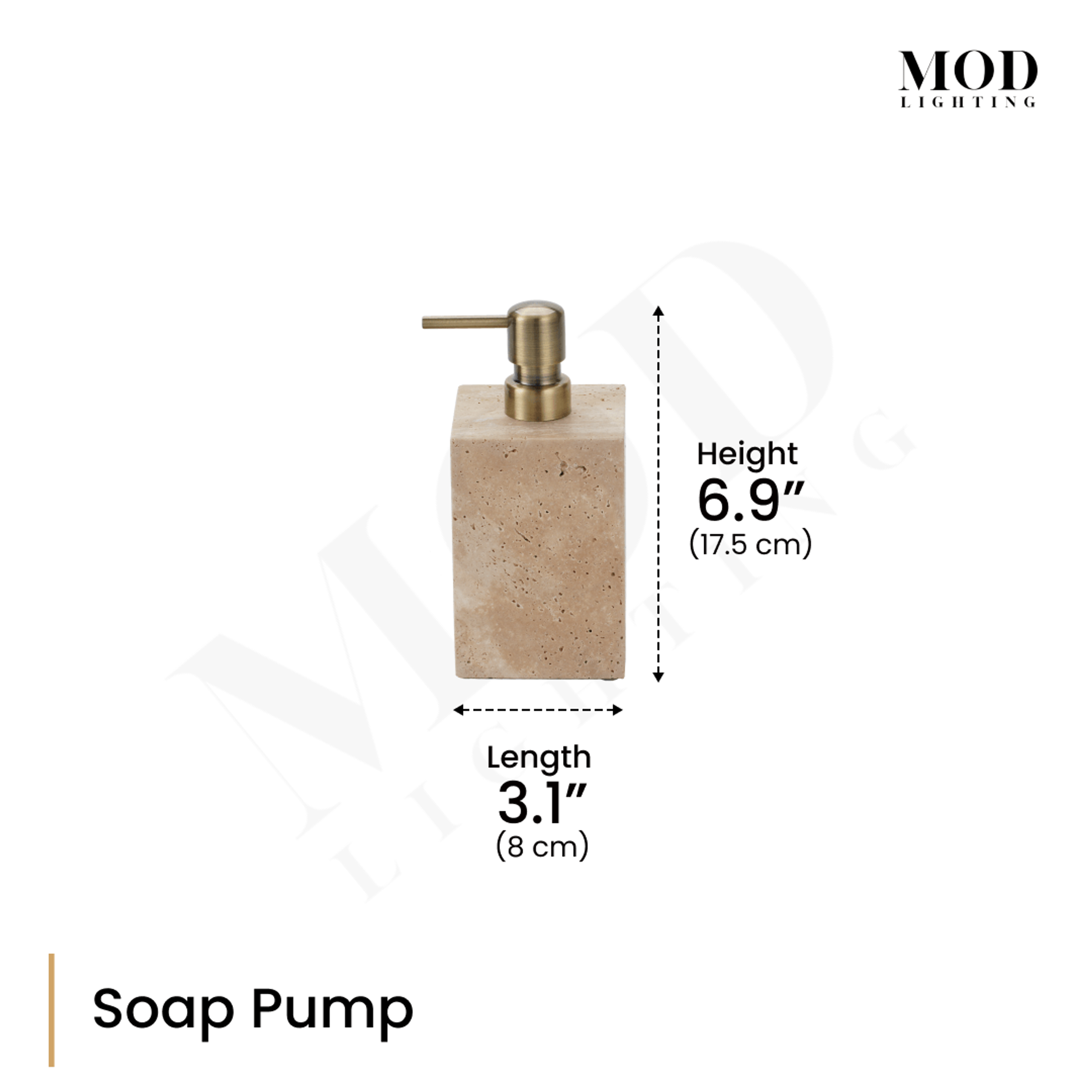 Golden Travertine soap pump with brass dispenser, dimension diagram: 6.9" (17.5 cm) height, 3.1" (8 cm) length