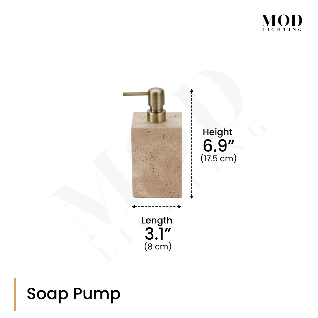 Golden Travertine soap pump with brass dispenser, dimension diagram: 6.9" (17.5 cm) height, 3.1" (8 cm) length
