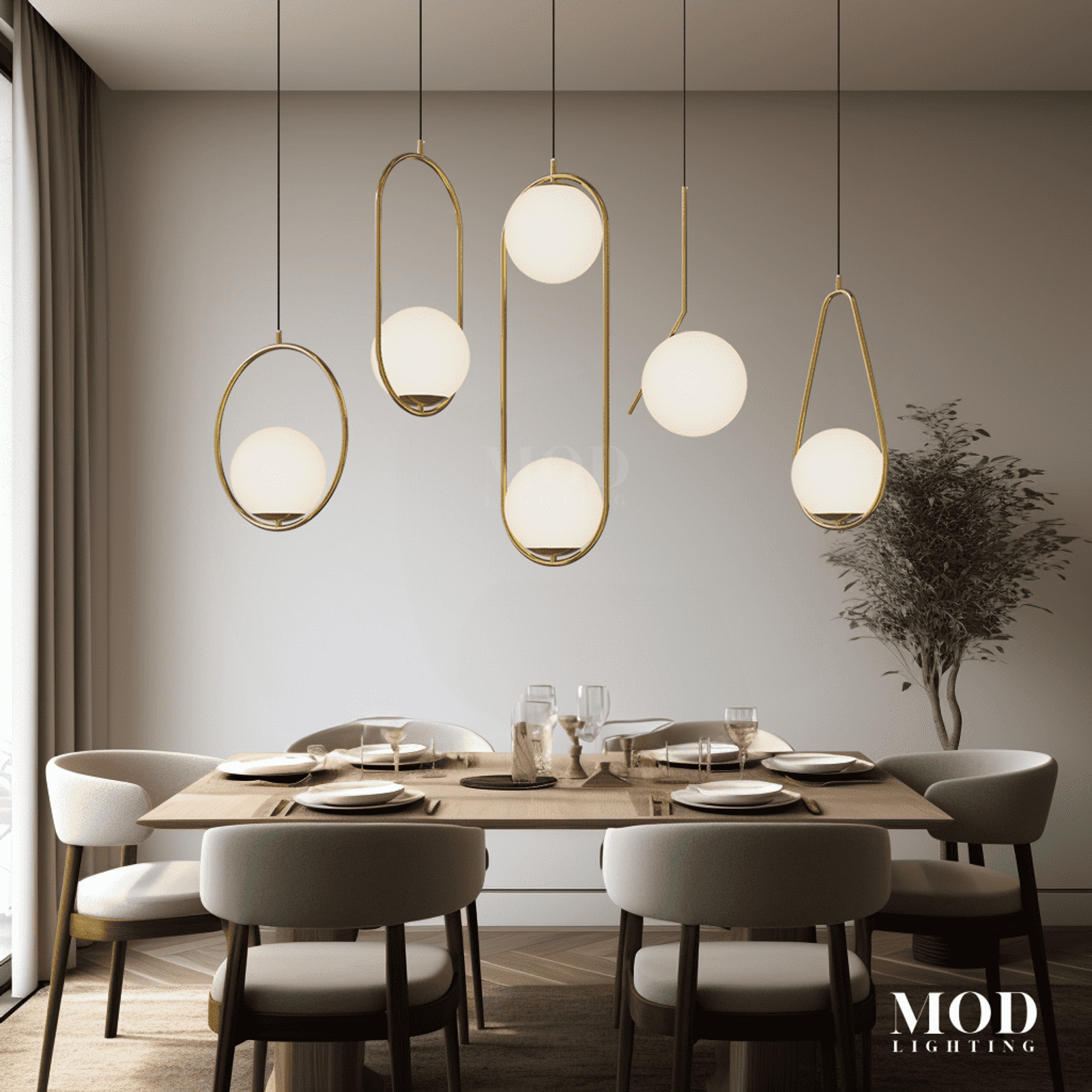 Jewels & Pearls brushed-gold pendants with white glass orbs in oval rings above a dining table