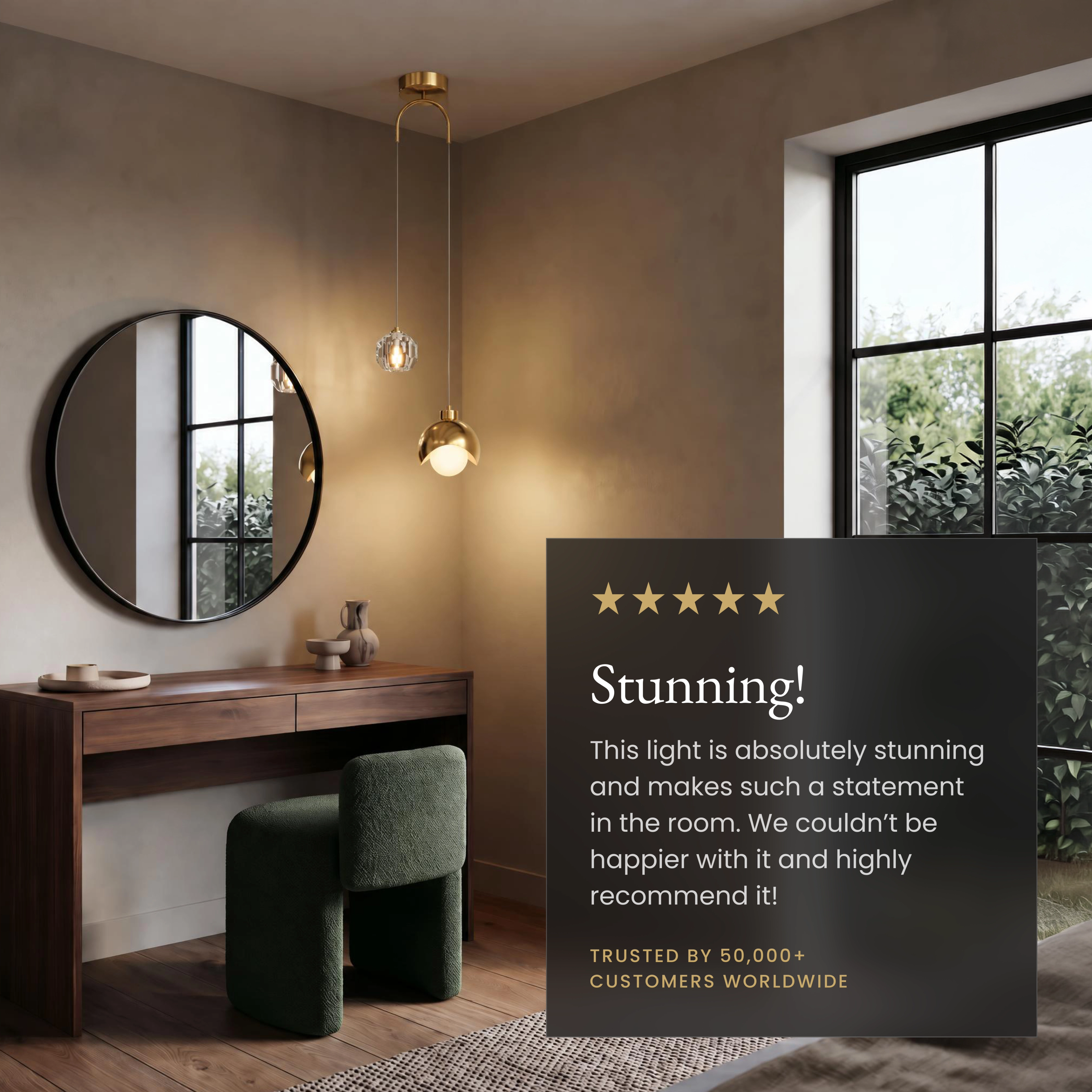 Diana gold globe pendant with crystal accent over a dining table, labelled dimmable, replaceable LED, adjustable length
