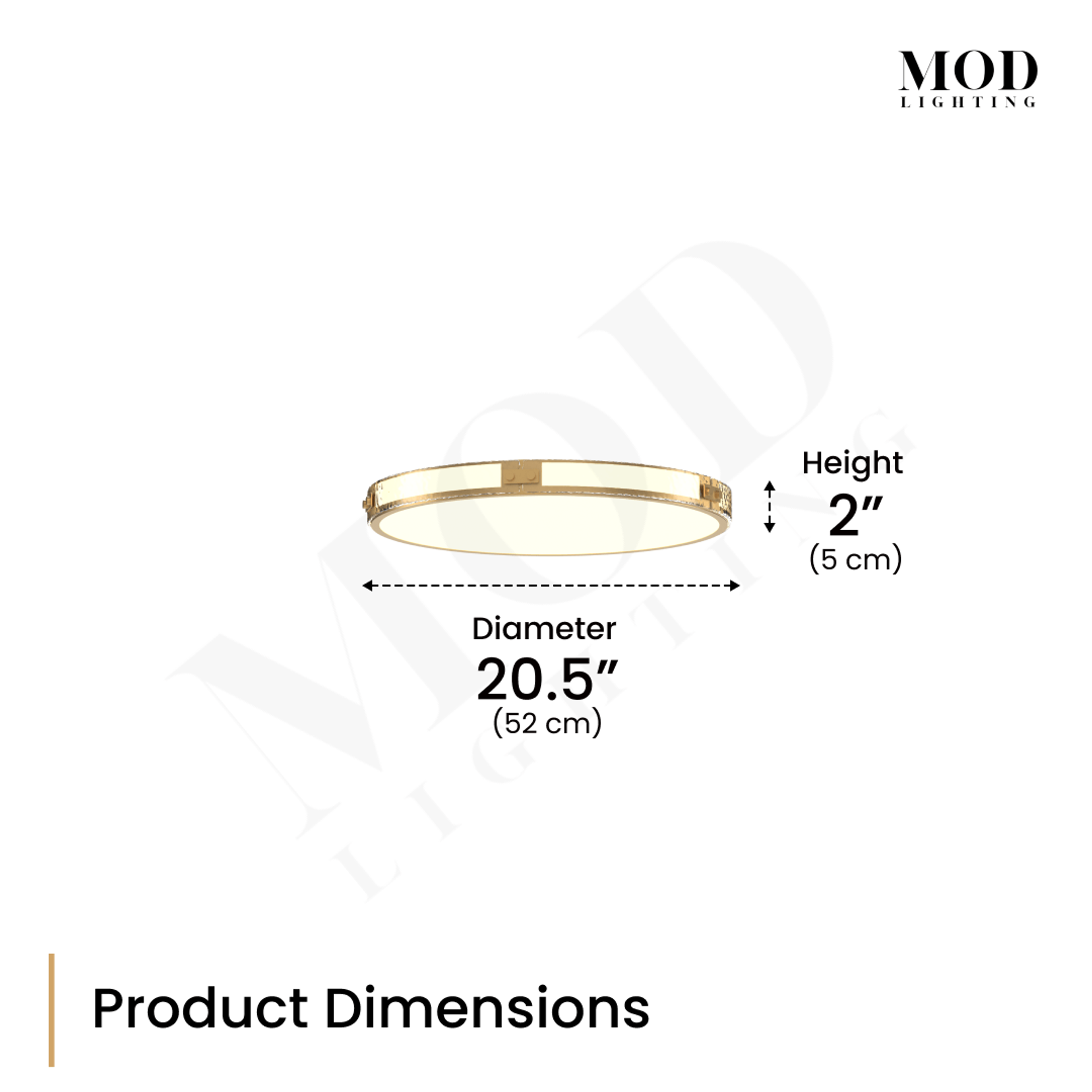 Orielle low-profile flush-mount dimension diagram, 20.5-inch diameter and 2-inch height
