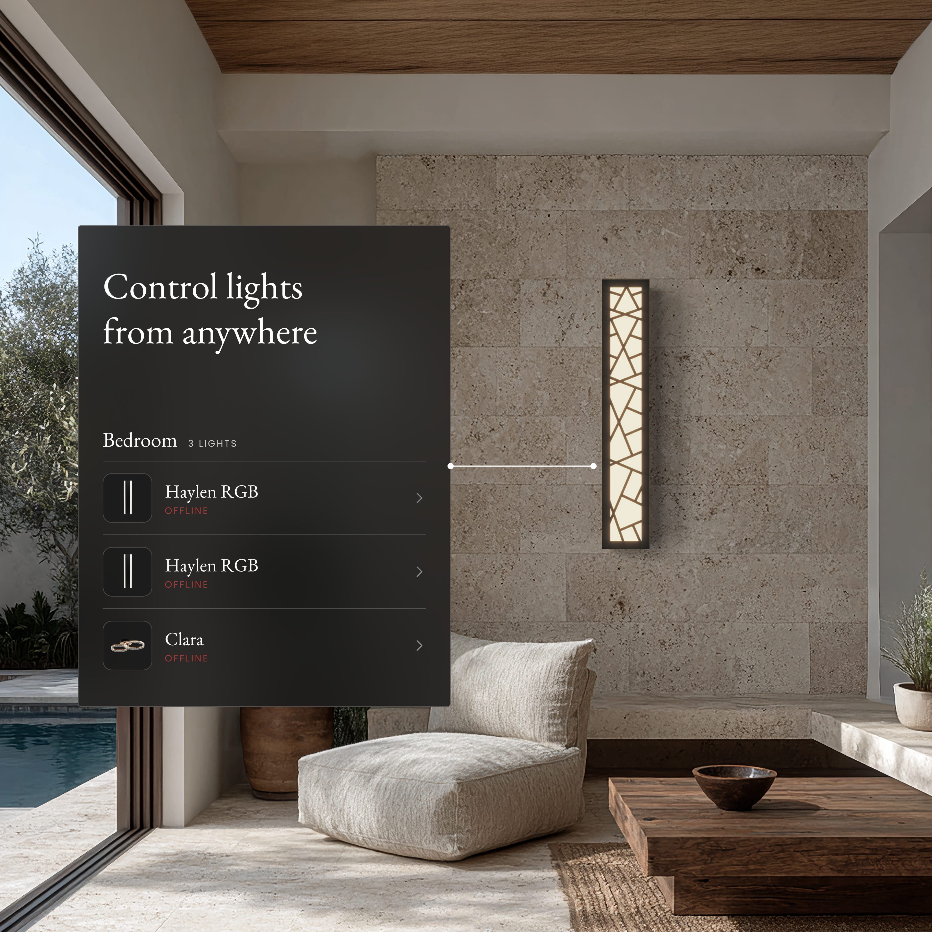 Harper Smart black LED bar wall light on a patio wall beside an app panel controlling lights from anywhere