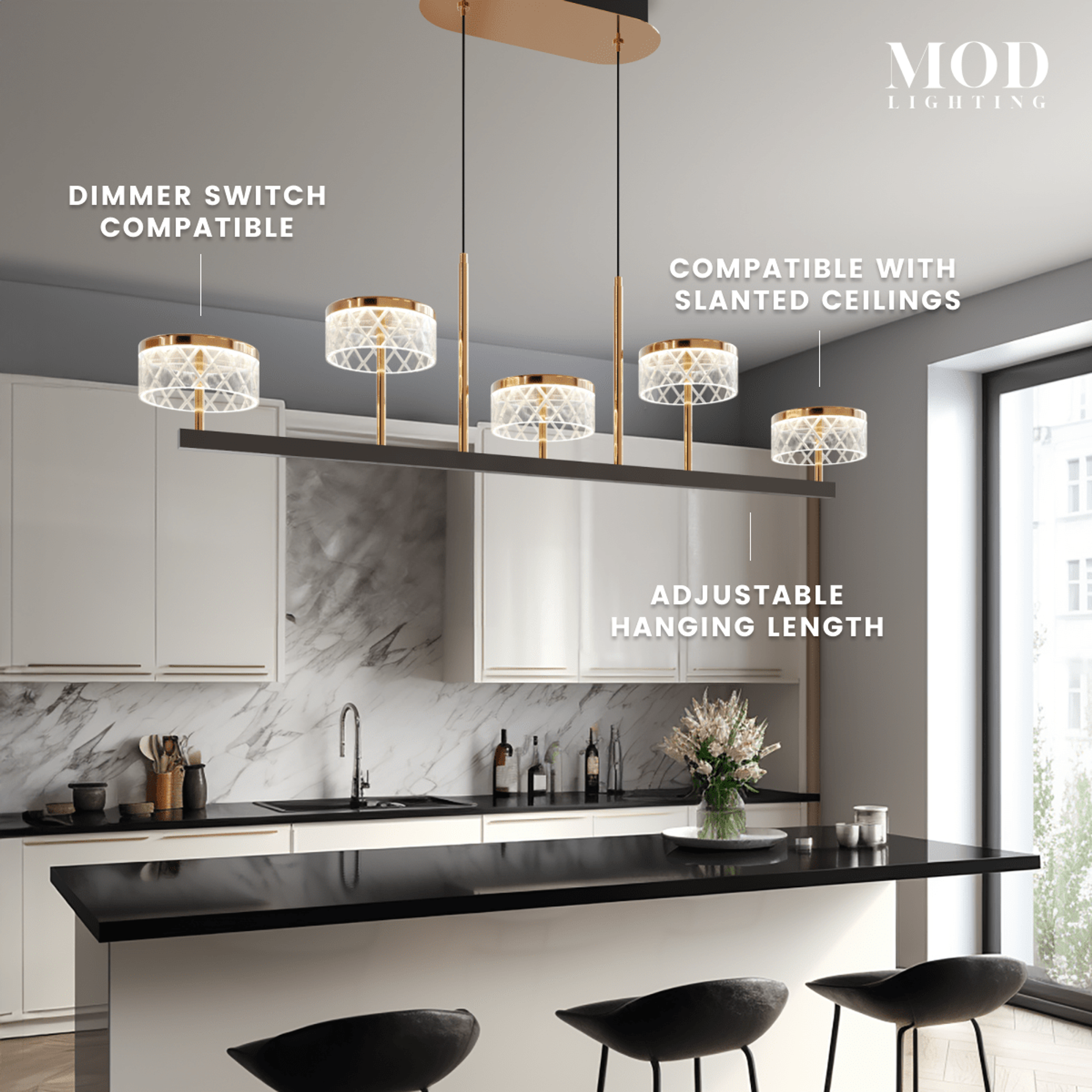 Emma linear pendant over a kitchen island, callouts noting dimmer-compatible, slanted-ceiling ready and adjustable length