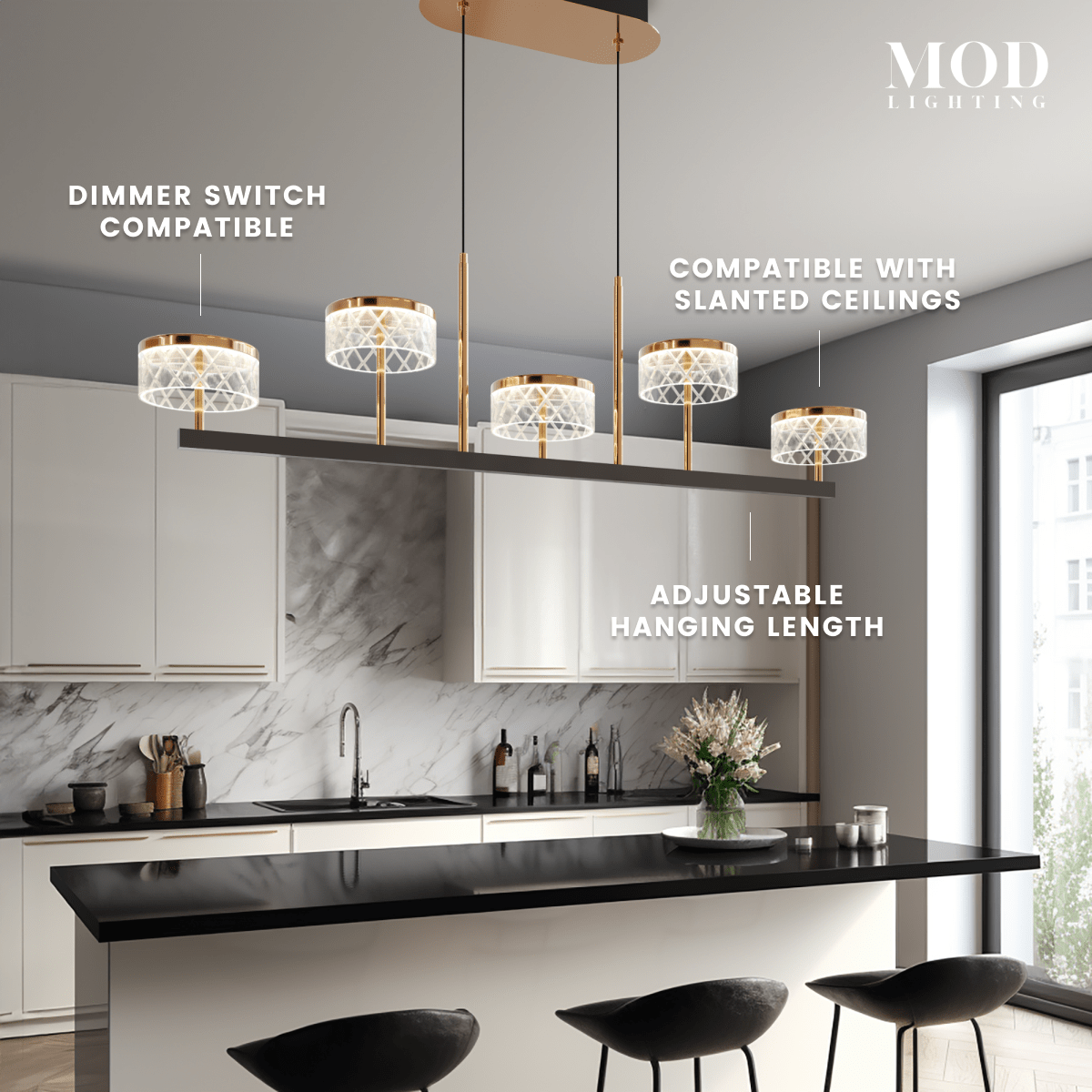 Emma linear pendant over a kitchen island, callouts noting dimmer-compatible, slanted-ceiling ready and adjustable length