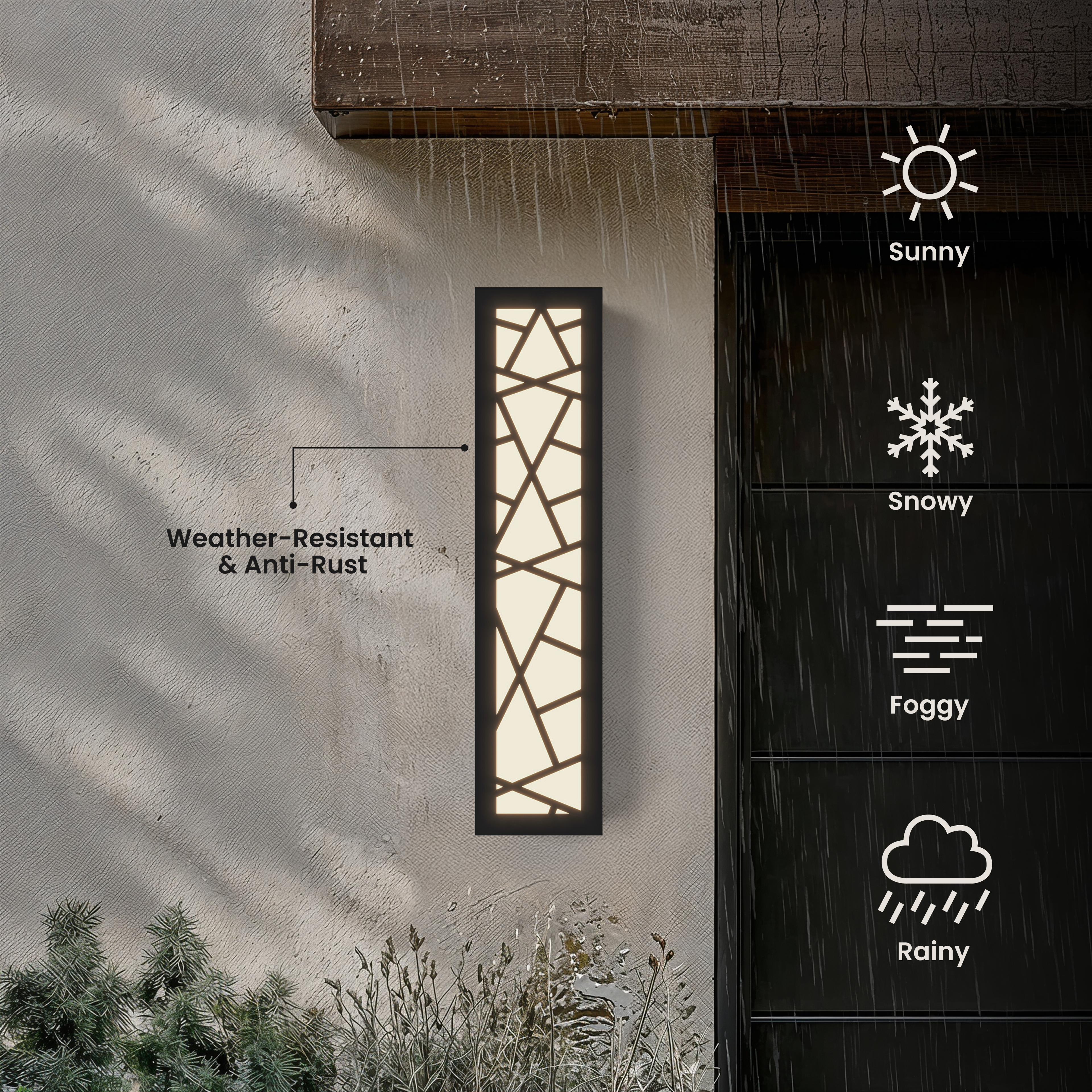 Harper Smart black LED bar wall light in the rain, marked weather-resistant and anti-rust for all seasons