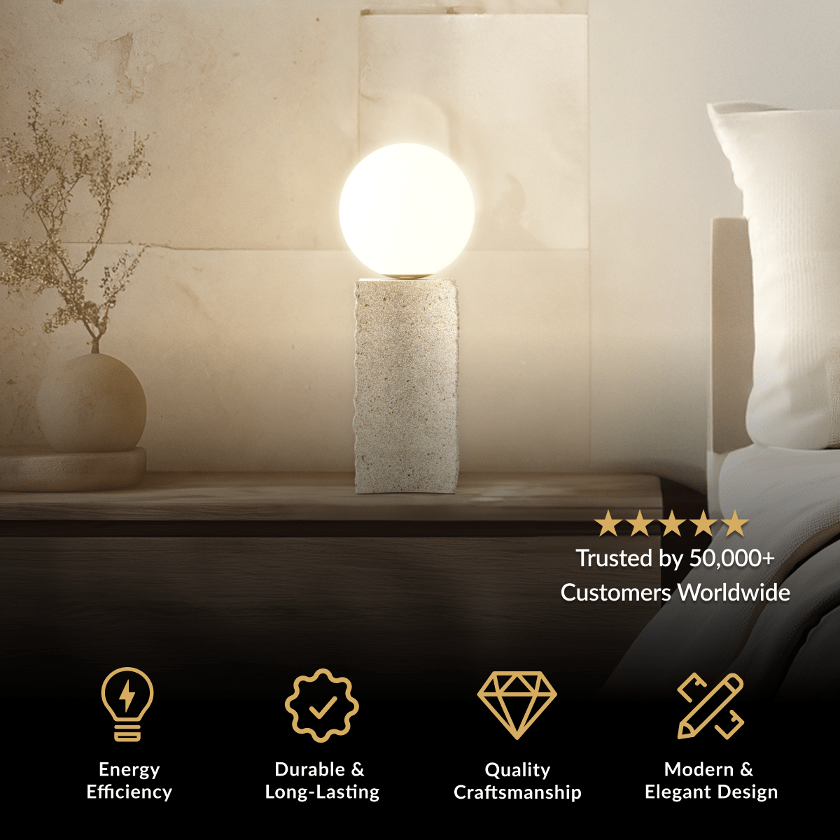 Arabella Table Lamp, warm globe bulb atop a square travertine stone base on a bedside surface