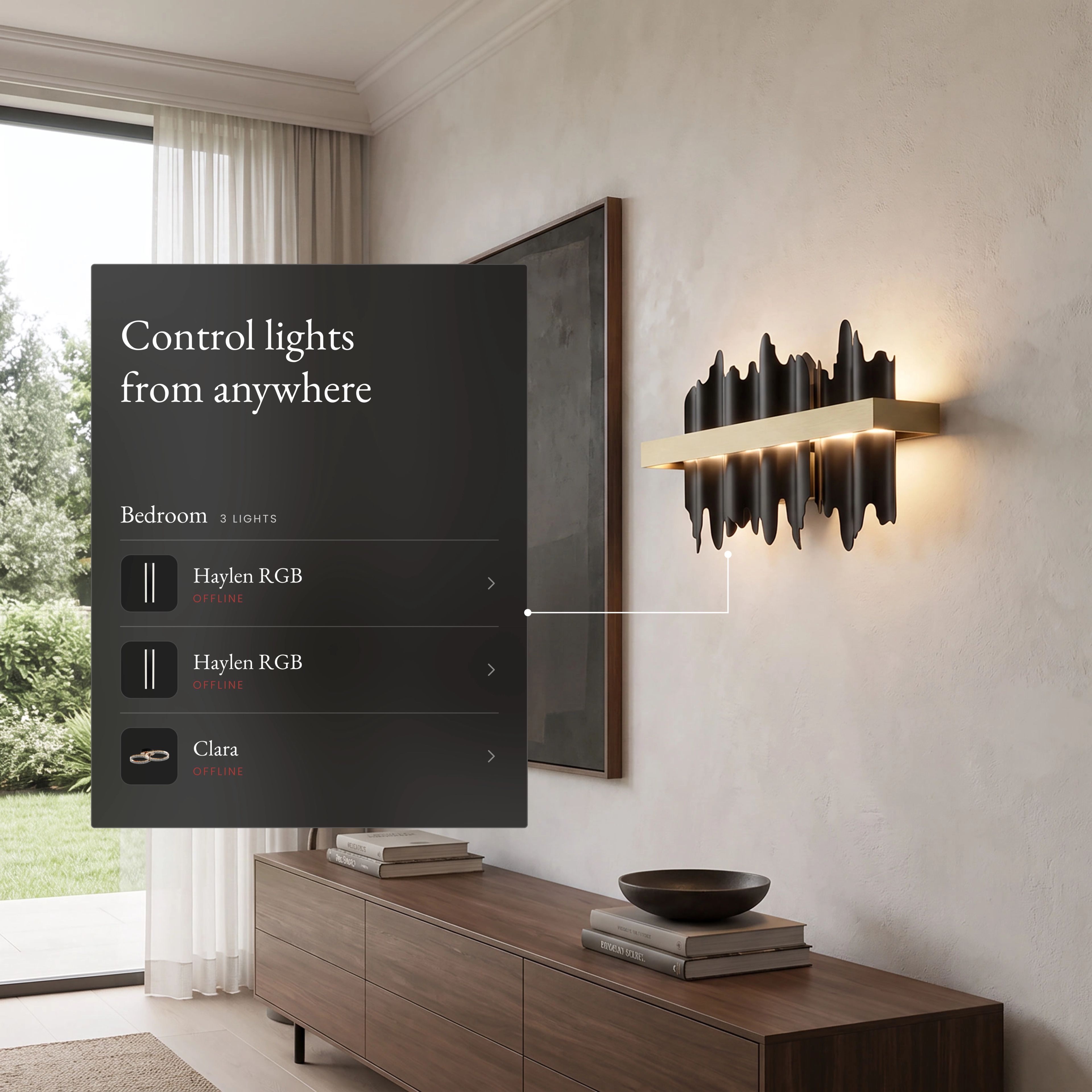 Aurelius Sconce Smart above a sideboard with the app room list for control from anywhere
