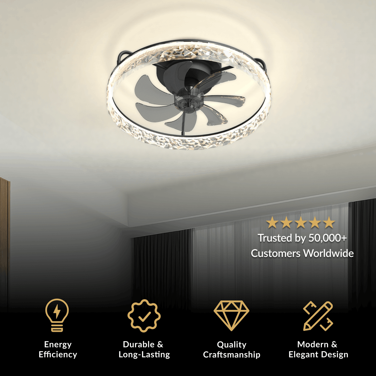 Ventara ceiling fan light, round LED fixture with crystal-trimmed frame and enclosed fan blades
