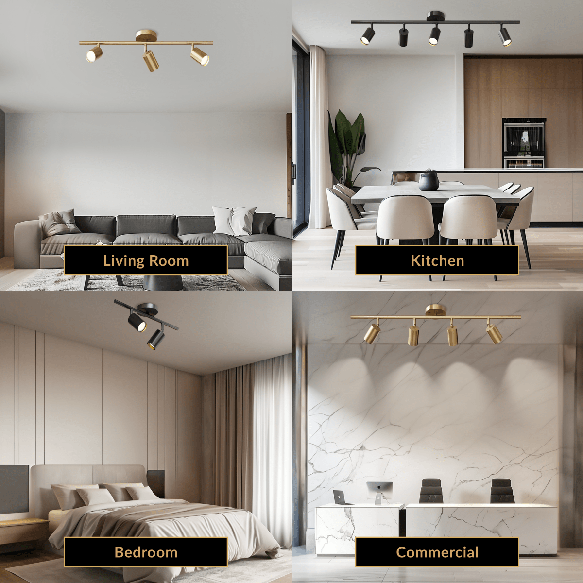 Harris black track lights shown in four room settings: living room, kitchen, bedroom, and commercial space